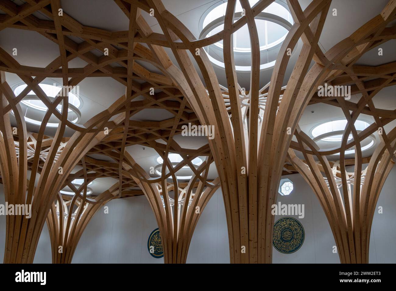 Archi a volta in legno, la moschea centrale di Cambridge, Cambridge, Inghilterra Foto Stock