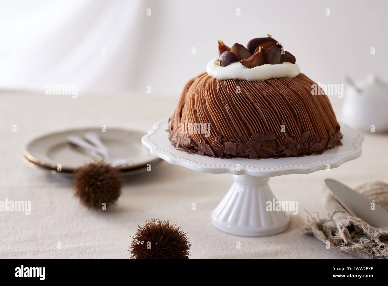 Una torta al cioccolato su una torta bianca Foto Stock