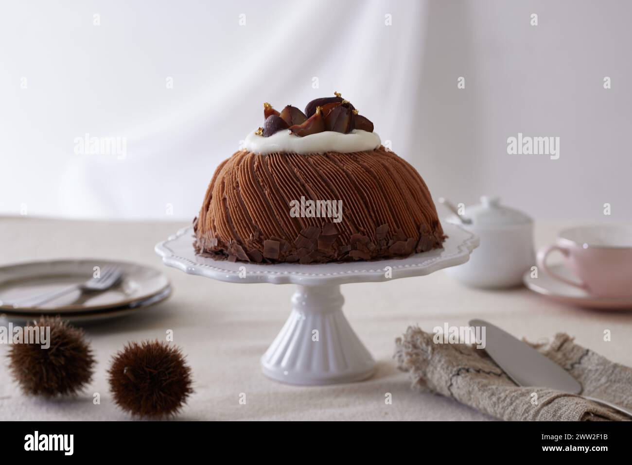 Una torta al cioccolato su un piatto bianco Foto Stock