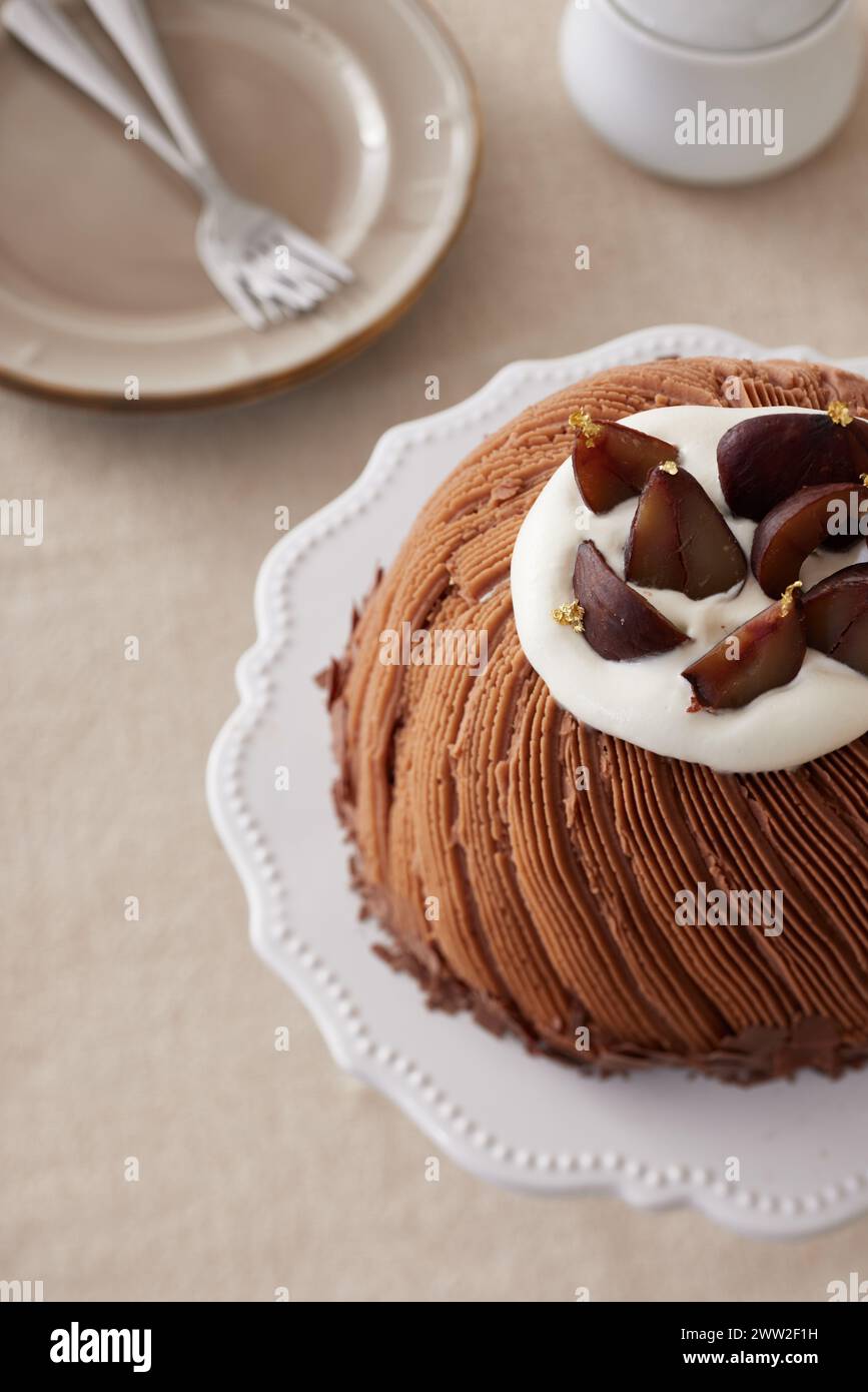 Una torta al cioccolato su un piatto bianco Foto Stock