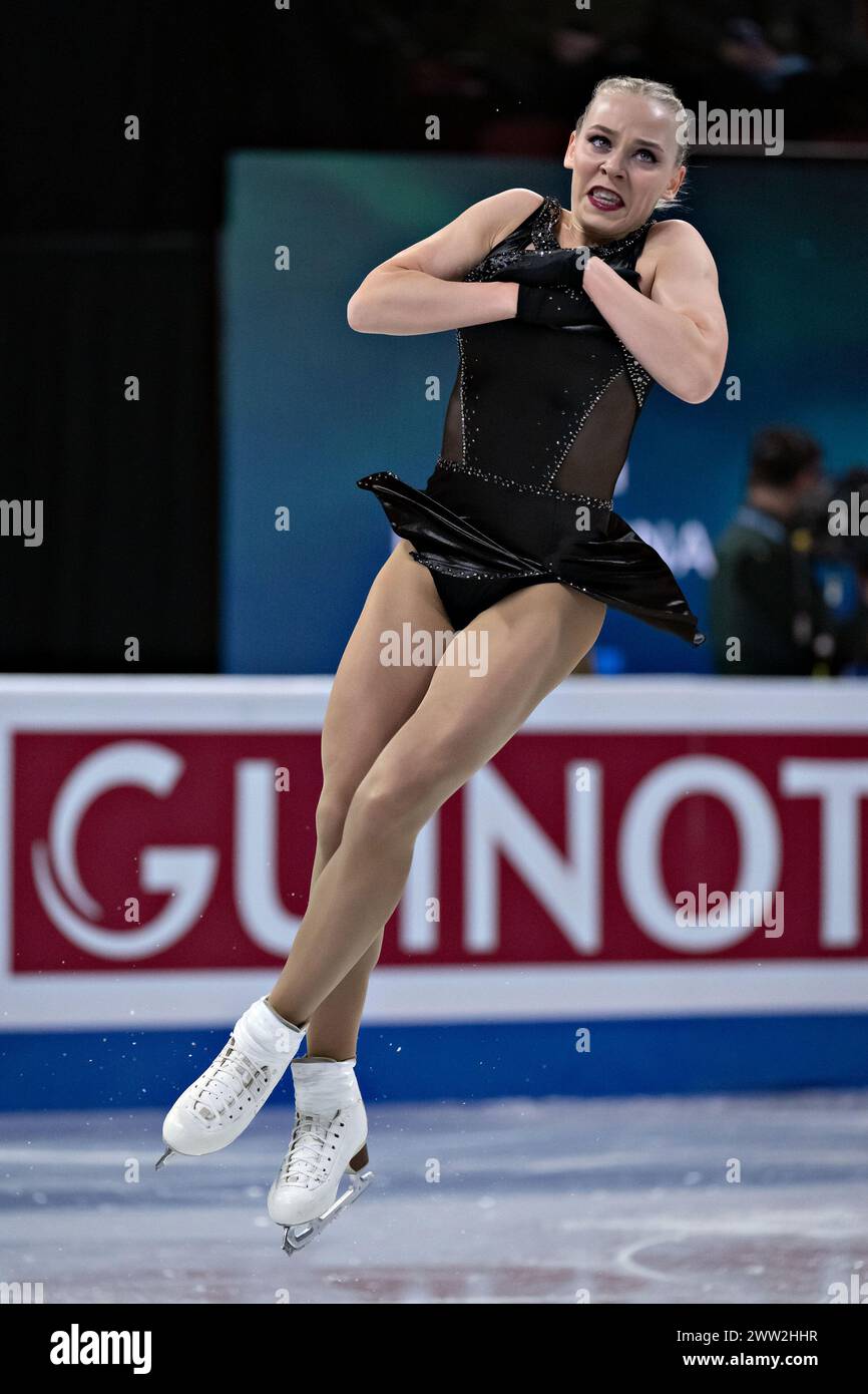 Montreal, Canada. 20 marzo 2024. Niina Petrokina dell'Estonia gareggia durante il programma femminile corto ai Campionati mondiali di pattinaggio di figura dell'Unione Internazionale di pattinaggio di figura al Bell Centre di Montreal, Canada, il 20 marzo 2024. Crediti: Andrew Soong/Xinhua/Alamy Live News Foto Stock