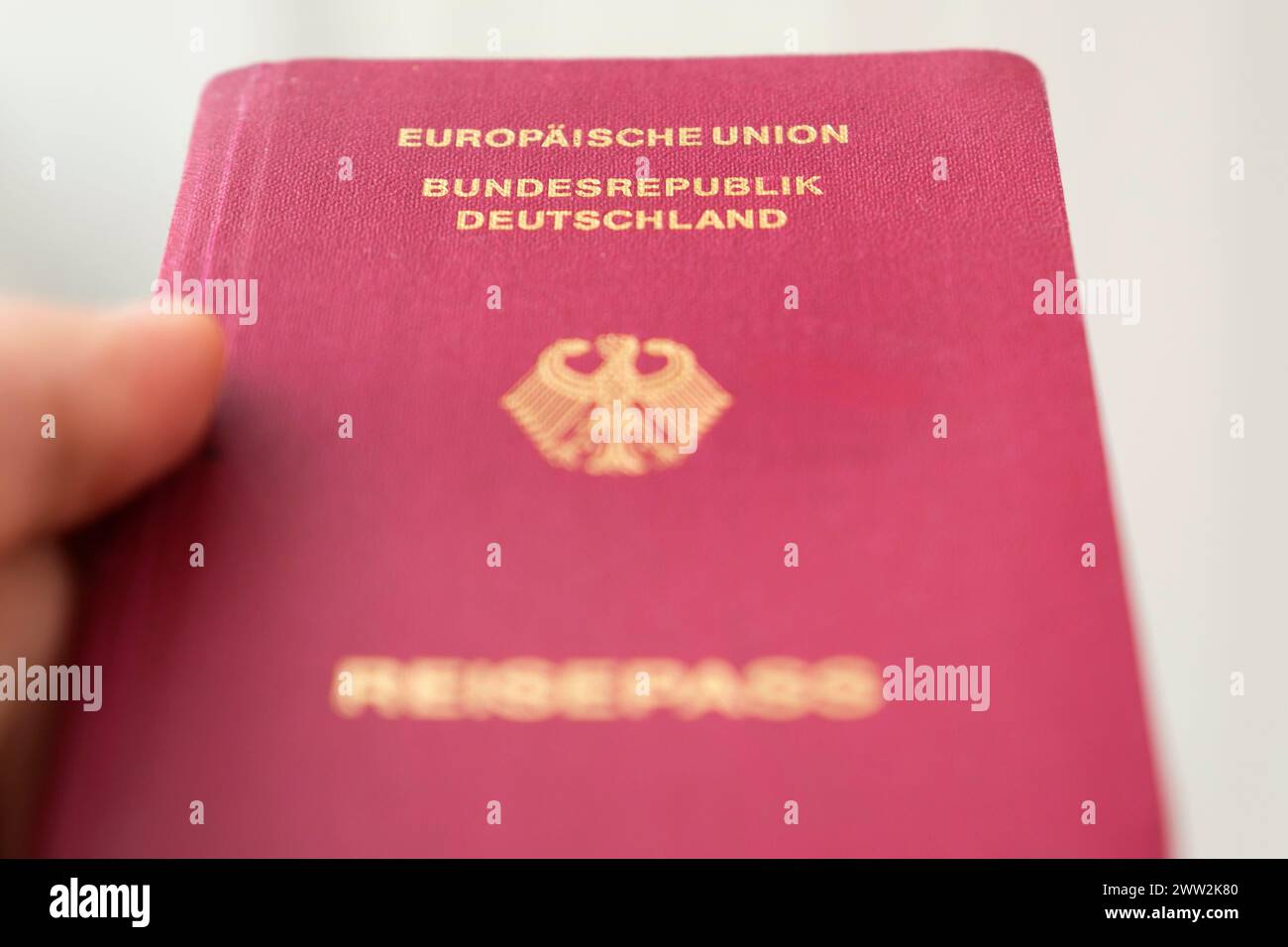 Mano con passaporto tedesco Foto Stock