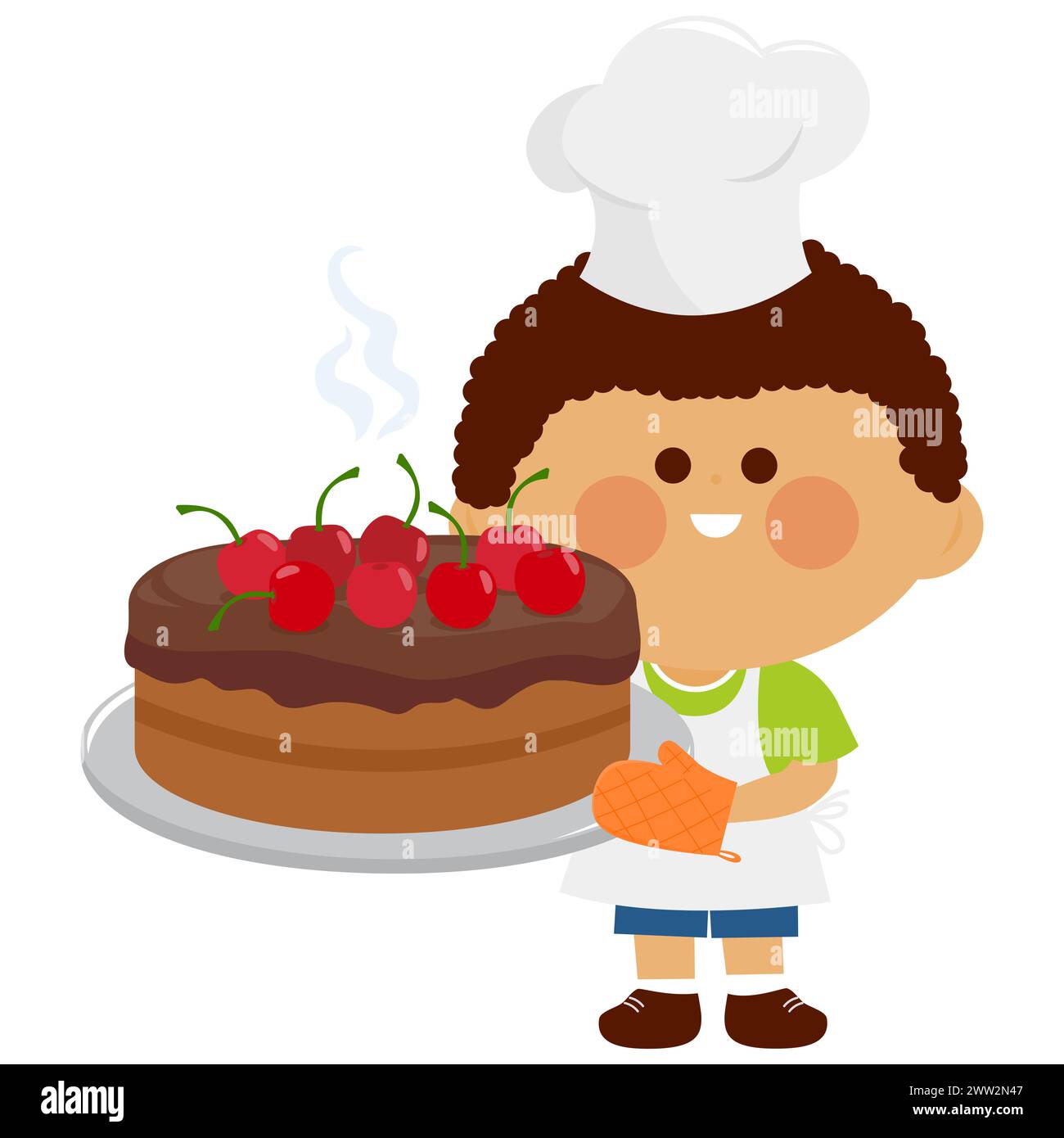 Bambino al forno con torta dolce. Cucino in grembiule con un vassoio con torta alla ciliegia appena sfornata. Foto Stock