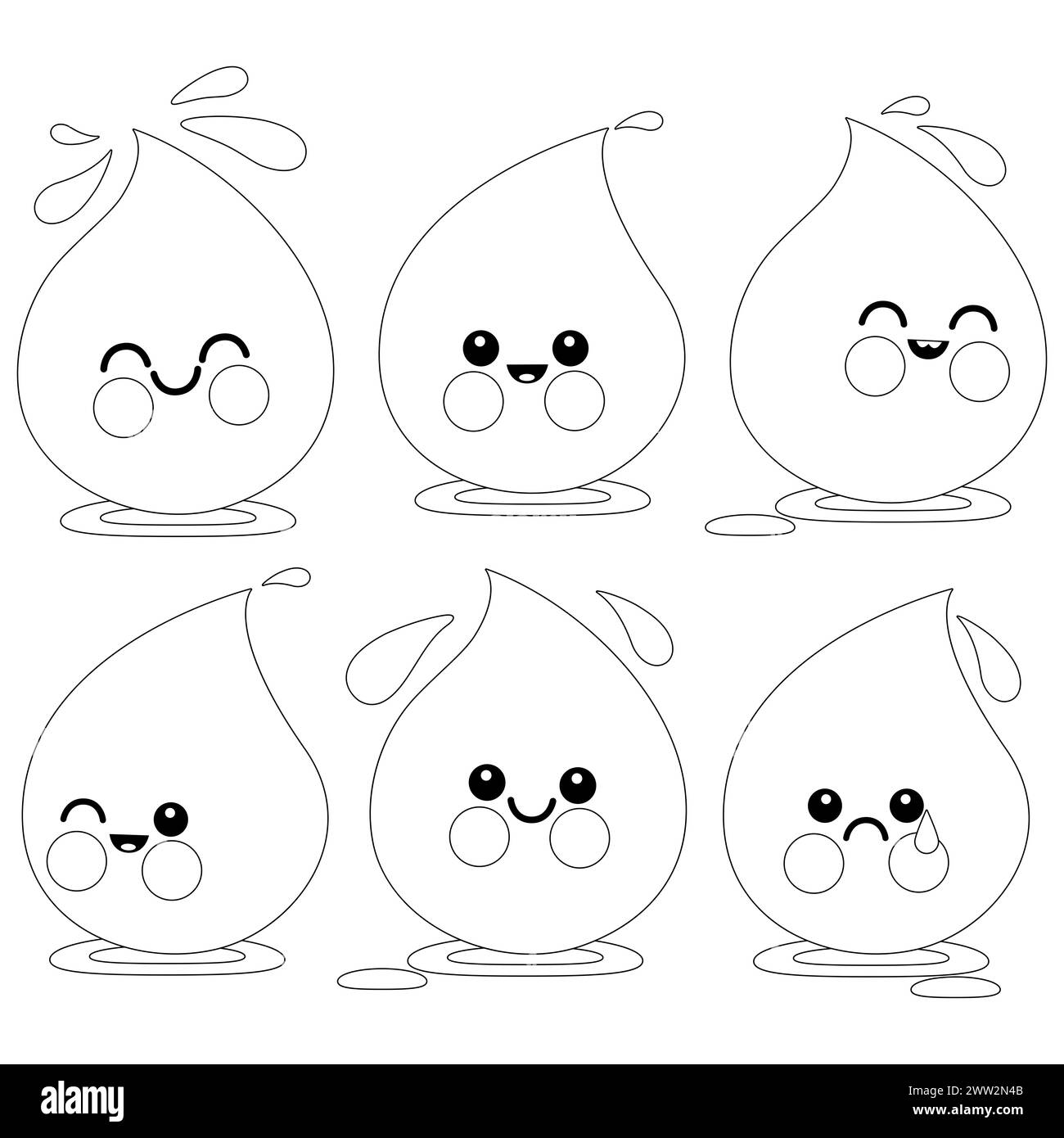 Personaggi a goccia d'acqua dei cartoni animati. Gocce di liquido dolce. Pagina da colorare in bianco e nero Foto Stock