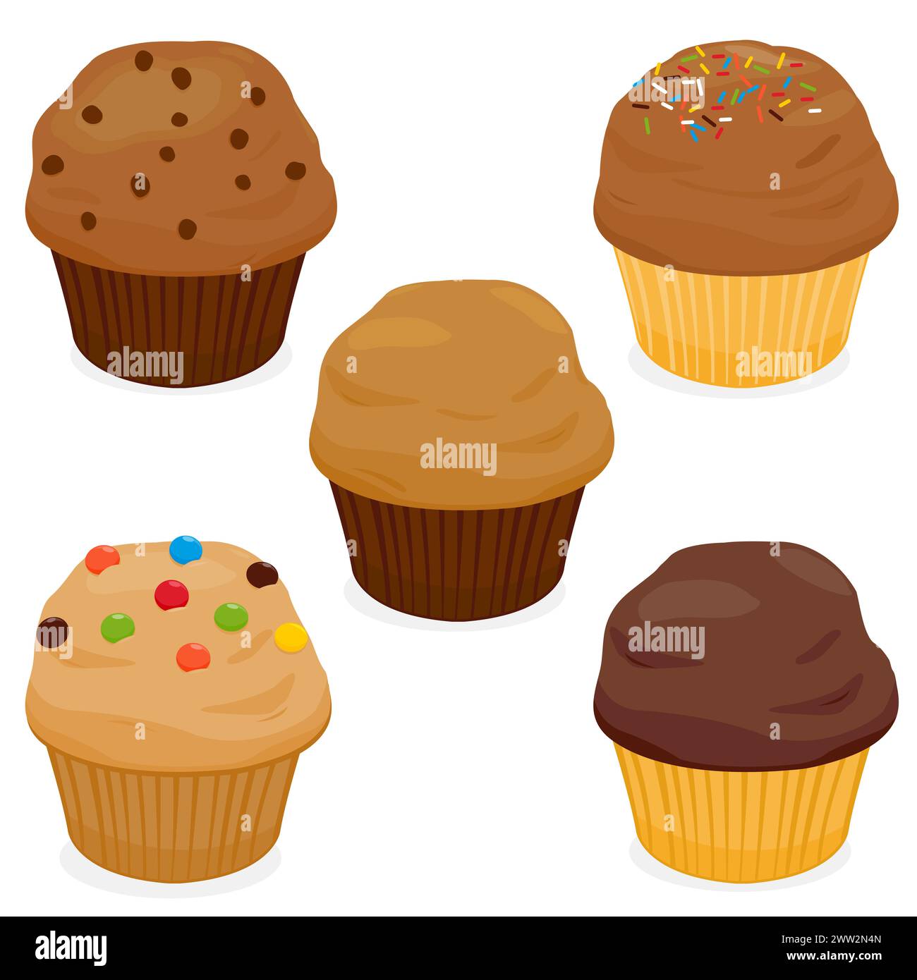 Tortine di muffin con cioccolato e zuccheri. Dolci cupcake al forno. Serie di illustrazioni Foto Stock