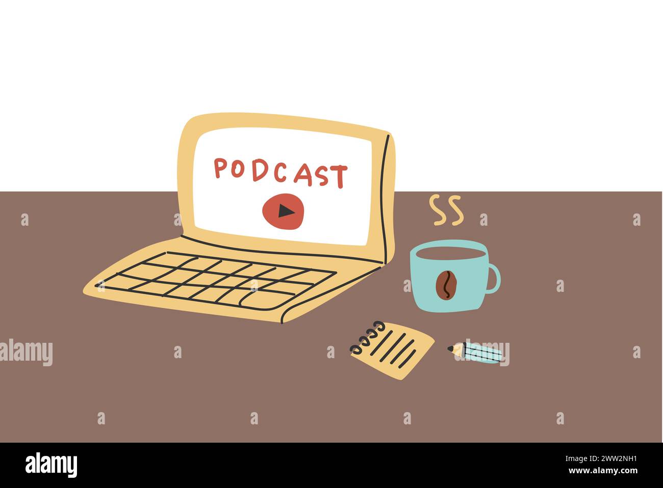 Sfondo del modello di copertina del podcast con laptop e caffè. Illustrazione vettoriale disegnata a mano. Può essere utilizzato per trasmissioni, banner podcast, copertina per social network Illustrazione Vettoriale