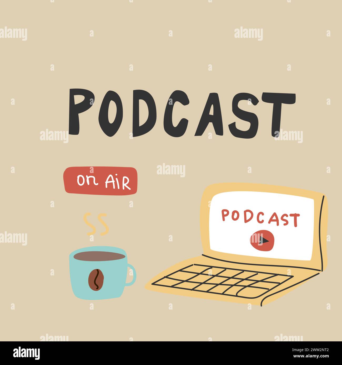 Laptop e caffè - sfondo podcast. Illustrazione vettoriale disegnata a mano. Può essere utilizzato per trasmissioni, banner podcast, copertina per social network. Illustrazione Vettoriale