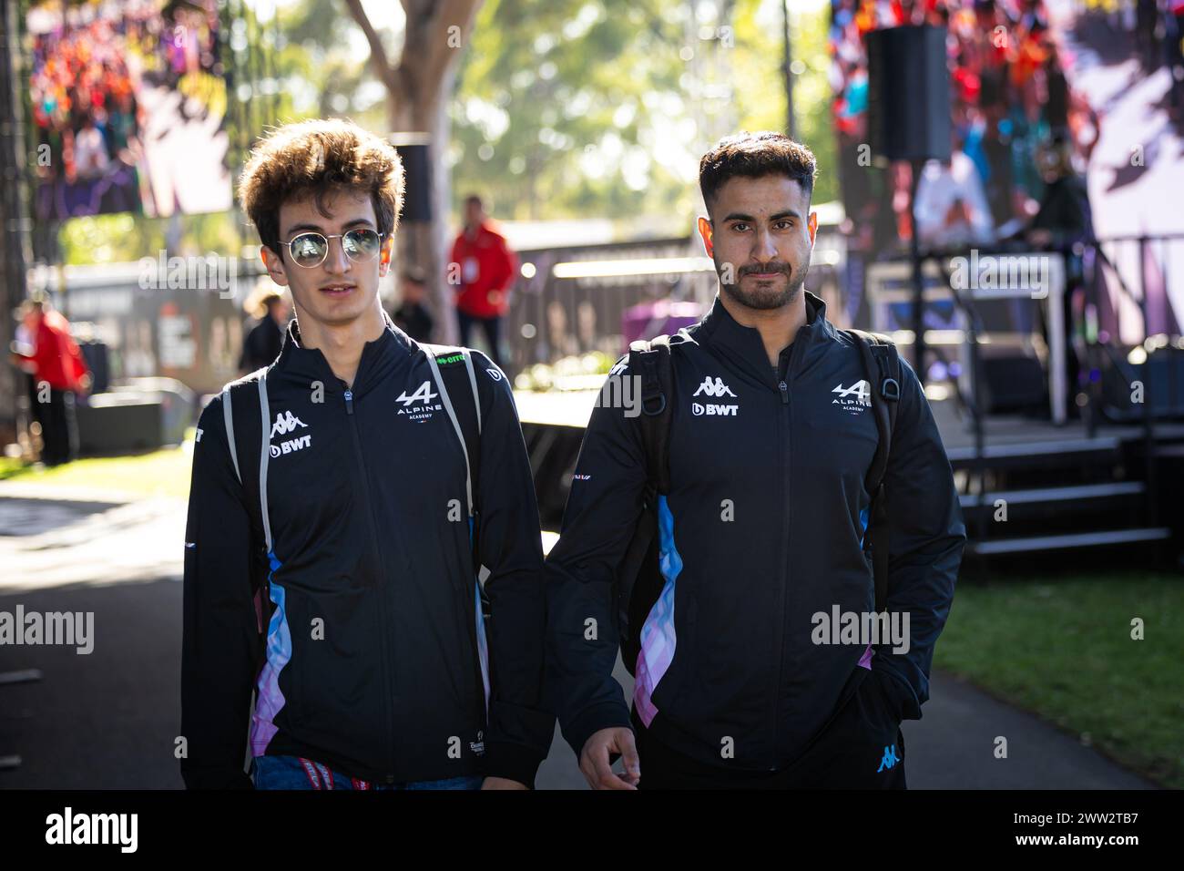 Melbourne, Australia, 21/03/2024, MINI Gabriele (ita), Prema Racing, Dallara F3 2019, Ritratto e MAINI Kush (IND), Invicta Racing, Dallara F2 2024, ritratto durante la terza prova del campionato FIA di Formula 2 2024 dal 22 al 24 marzo 2024 sull'Albert Park Circuit, a Melbourne, Australia Foto Stock