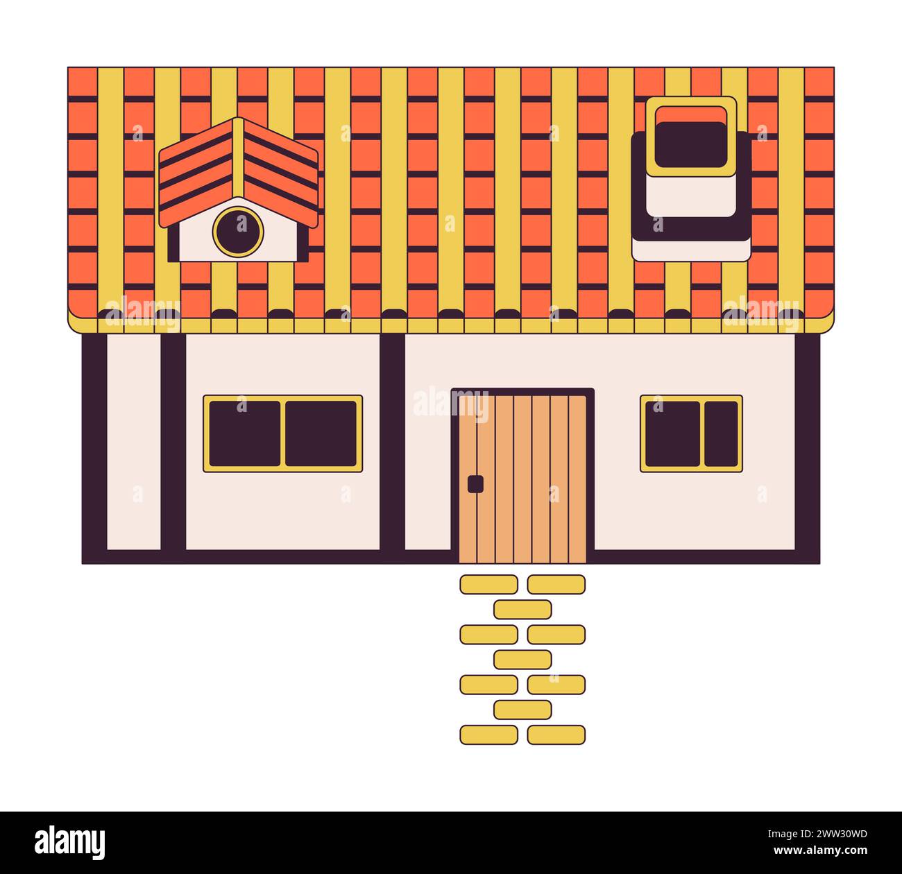 Casa rurale con cartoni animati lineari 2D su strada asfaltata Illustrazione Vettoriale