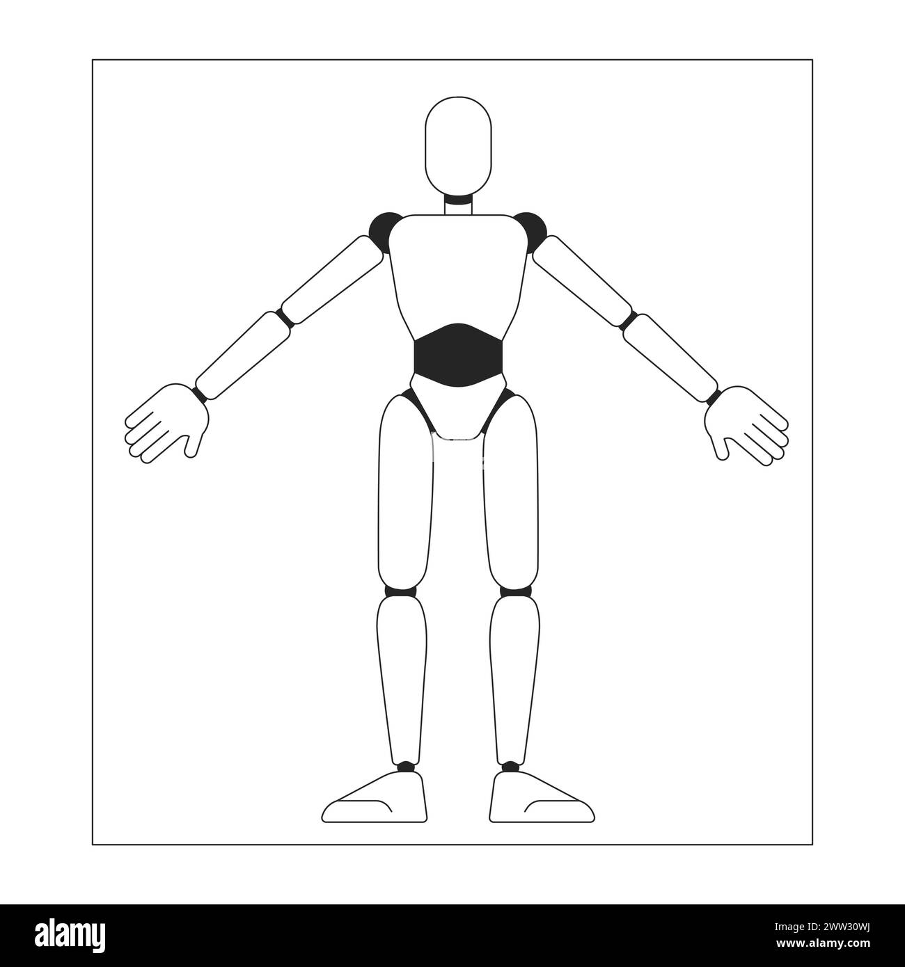 Modello di cyborg su foglio di carta carattere cartoni animati 2D in bianco e nero Illustrazione Vettoriale