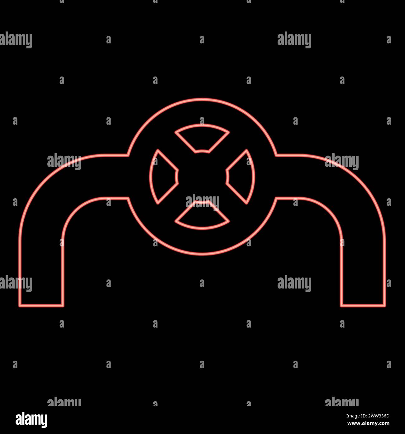 Tubo al neon con tubazione valvola con raccordo per controllo del flusso del rubinetto sistema industriale di colore rosso immagine vettoriale luce piatta Illustrazione Vettoriale