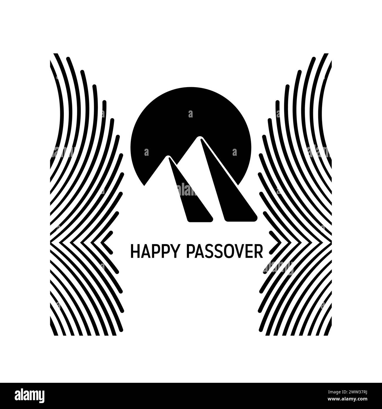 Illustrazione minimalista vettoriale delle celebrazioni di Pesach. Emblema del vino, delle piramidi egiziane e delle onde su sfondo bianco. La fuga dall'Egitto Illustrazione Vettoriale