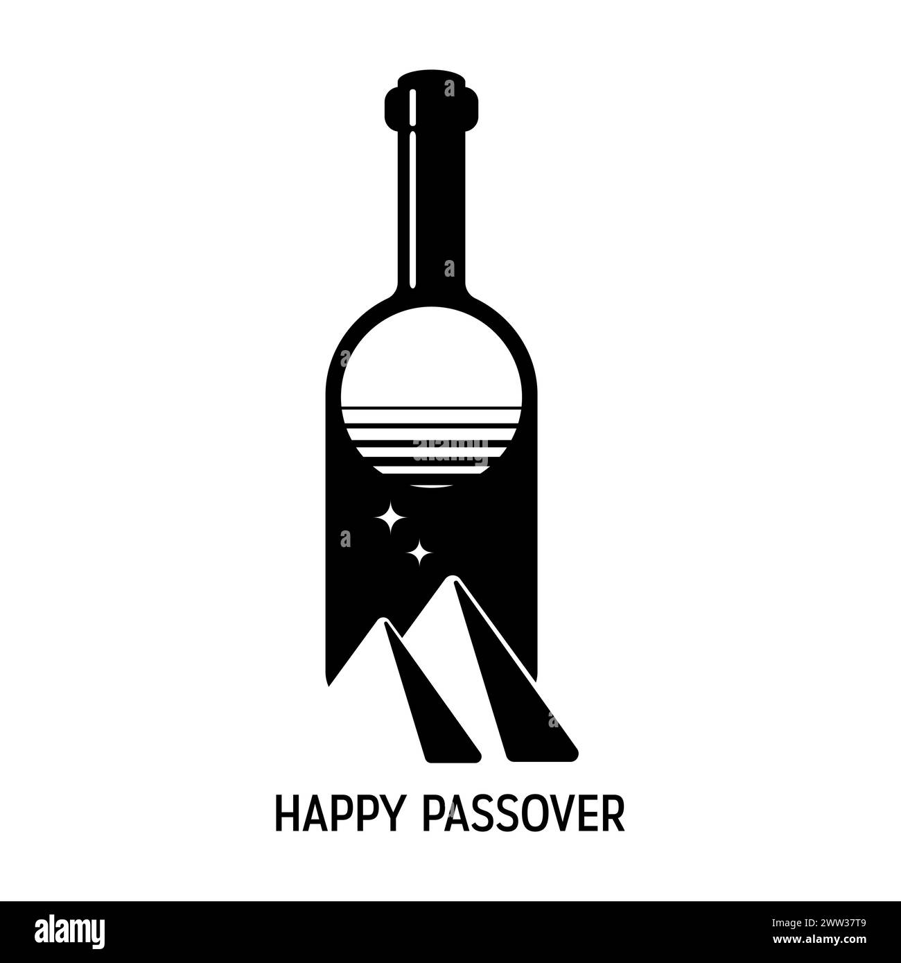 Illustrazione minimalista vettoriale delle celebrazioni di Pesach. Emblema del vino, delle piramidi egiziane e delle onde su sfondo bianco. La fuga dall'Egitto Illustrazione Vettoriale