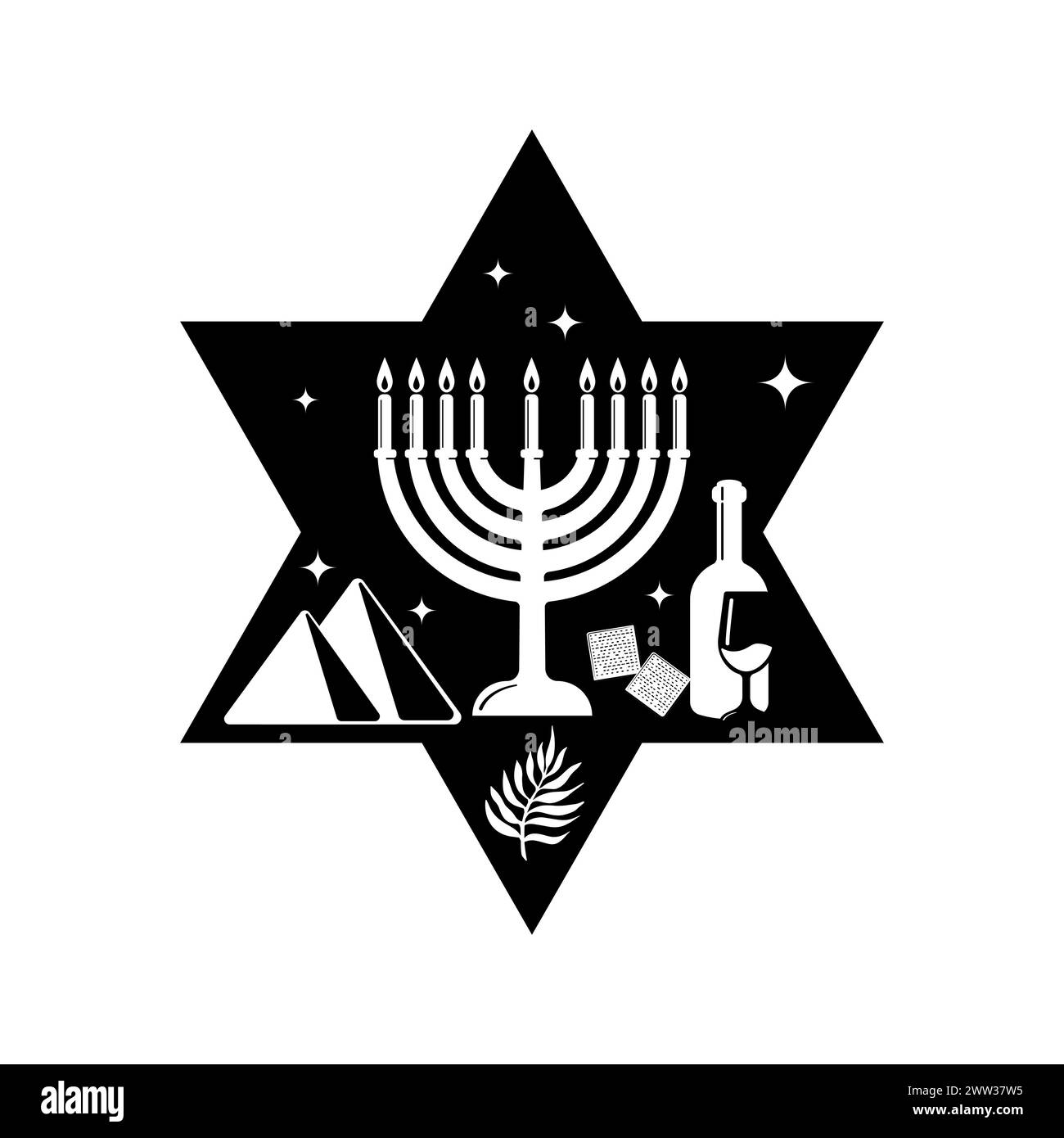 Illustrazione minimalista vettoriale delle celebrazioni di Pesach. Emblema del vino, delle piramidi egiziane e delle onde su sfondo bianco. La fuga dall'Egitto Illustrazione Vettoriale