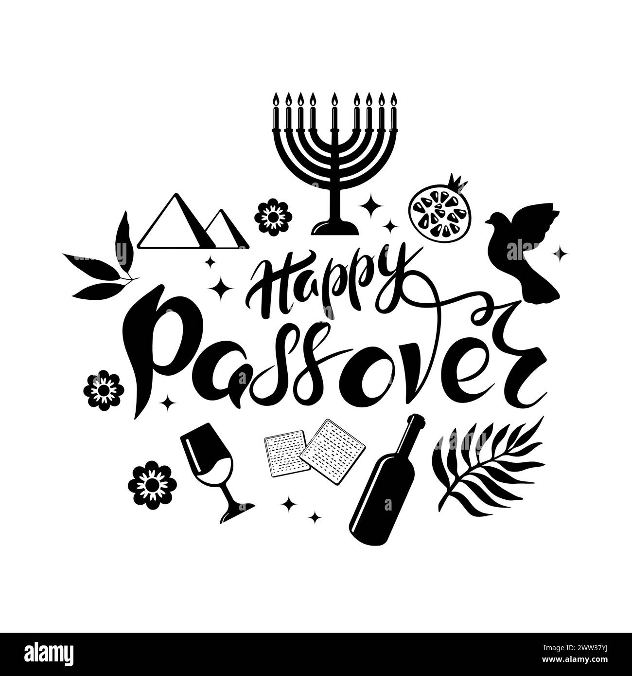 Illustrazione minimalista vettoriale delle celebrazioni di Pesach. Emblema del vino, delle piramidi egiziane e delle onde su sfondo bianco. La fuga dall'Egitto Illustrazione Vettoriale