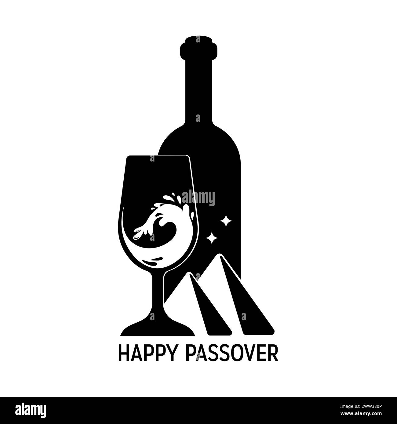 Illustrazione minimalista vettoriale delle celebrazioni di Pesach. Emblema del vino, delle piramidi egiziane e delle onde su sfondo bianco. La fuga dall'Egitto Illustrazione Vettoriale