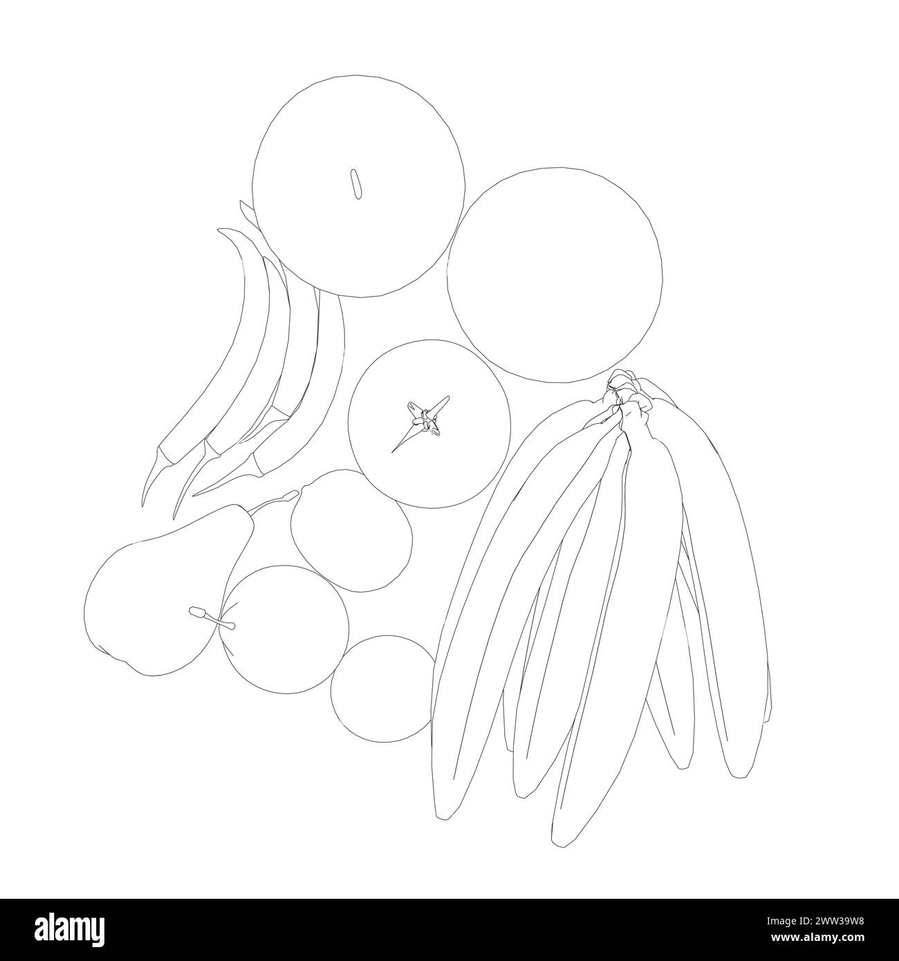 Contorno della frutta: Banane, mele, pere, peperoni, pomodori con linee nere isolate su sfondo bianco. Illustrazione vettoriale. Illustrazione Vettoriale
