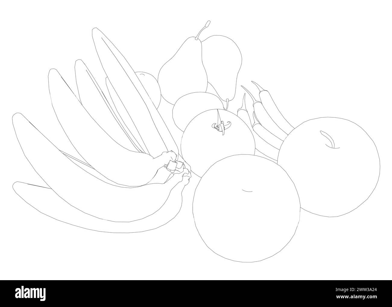 Contorno della frutta: Banane, mele, pere, peperoni, pomodori con linee nere isolate su sfondo bianco. Illustrazione vettoriale. Illustrazione Vettoriale