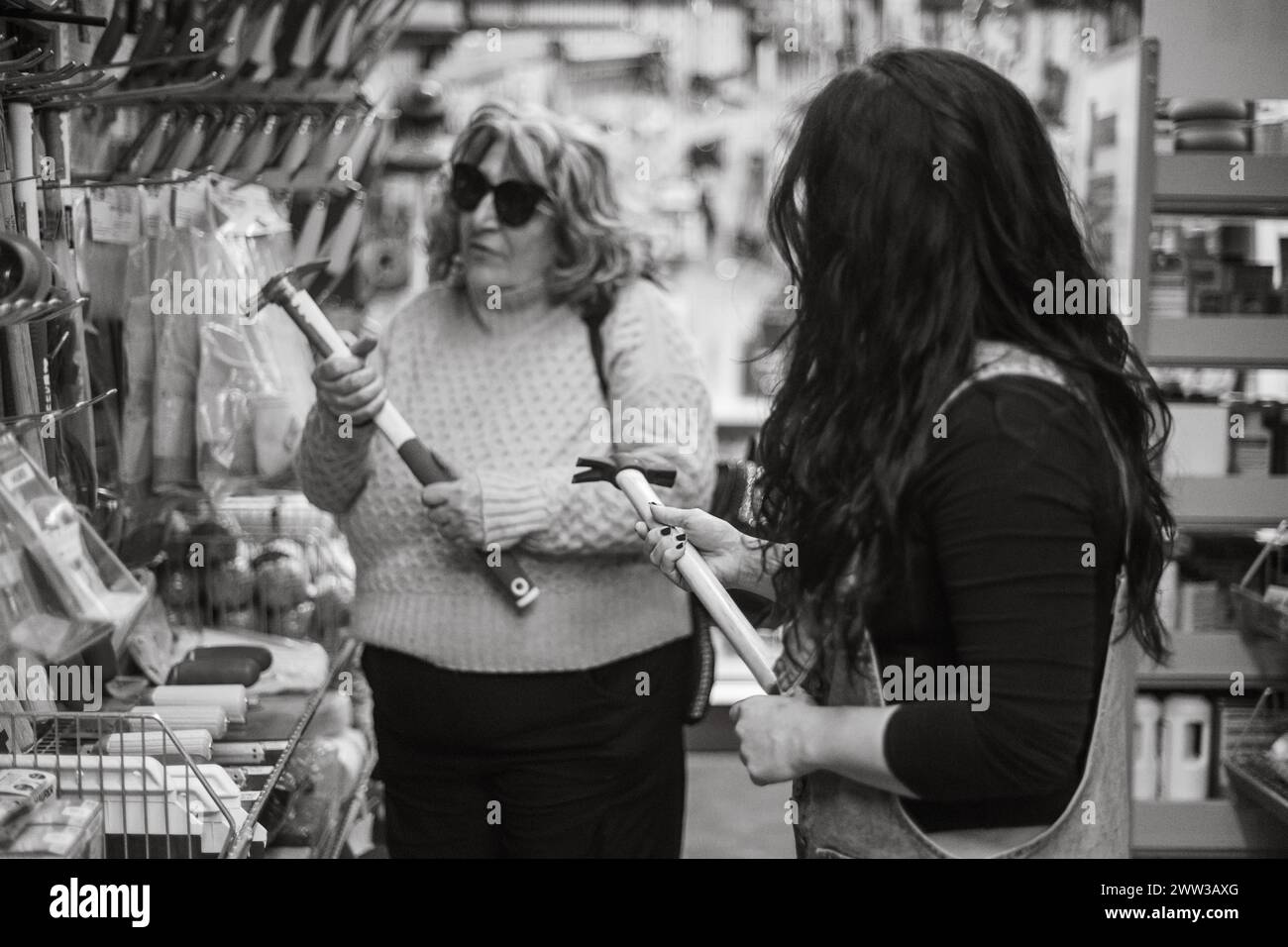 Immagine monocromatica di due donne che interagiscono su una selezione di strumenti in un negozio di hardware Foto Stock