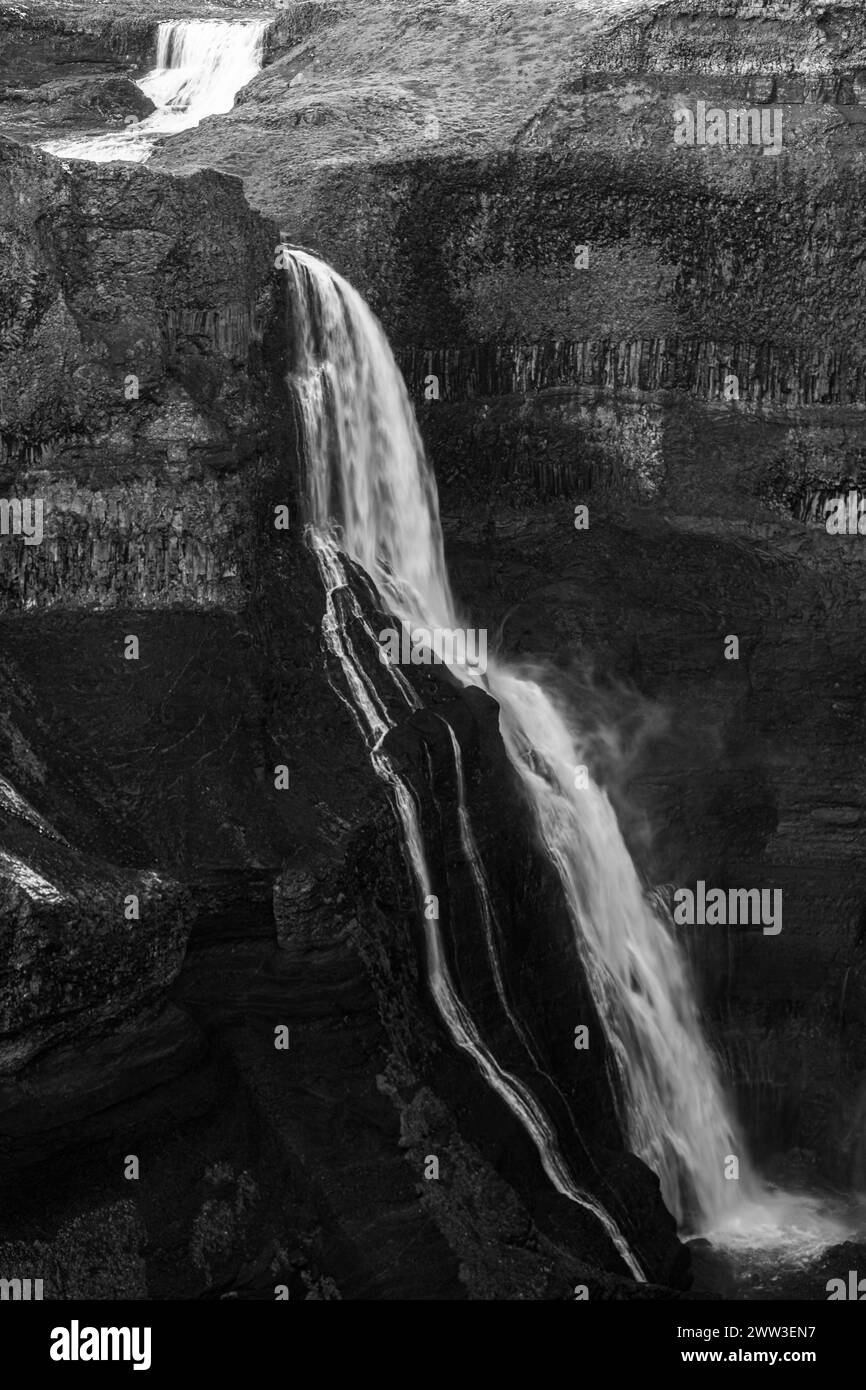 Cascata Halfoss schiumosa, foto in bianco e nero, Sudurland, Islanda Foto Stock