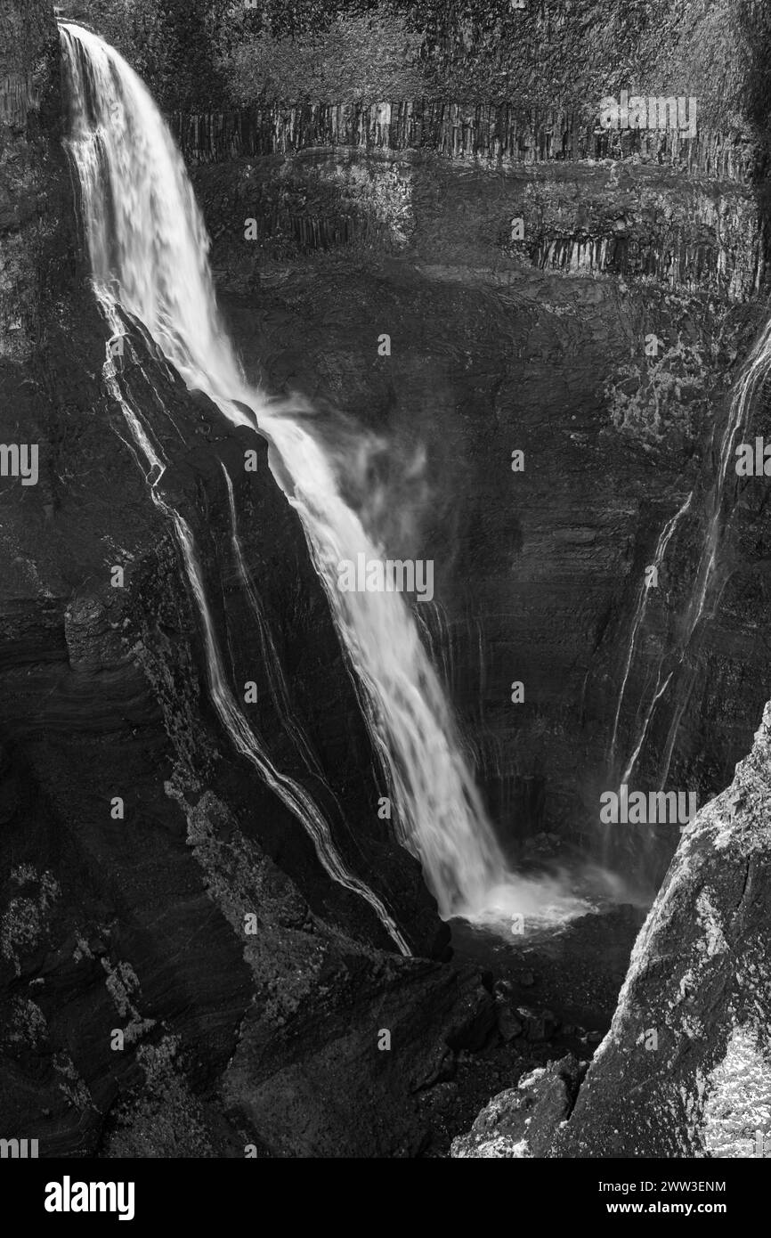 Cascata Halfoss schiumosa, foto in bianco e nero, Sudurland, Islanda Foto Stock