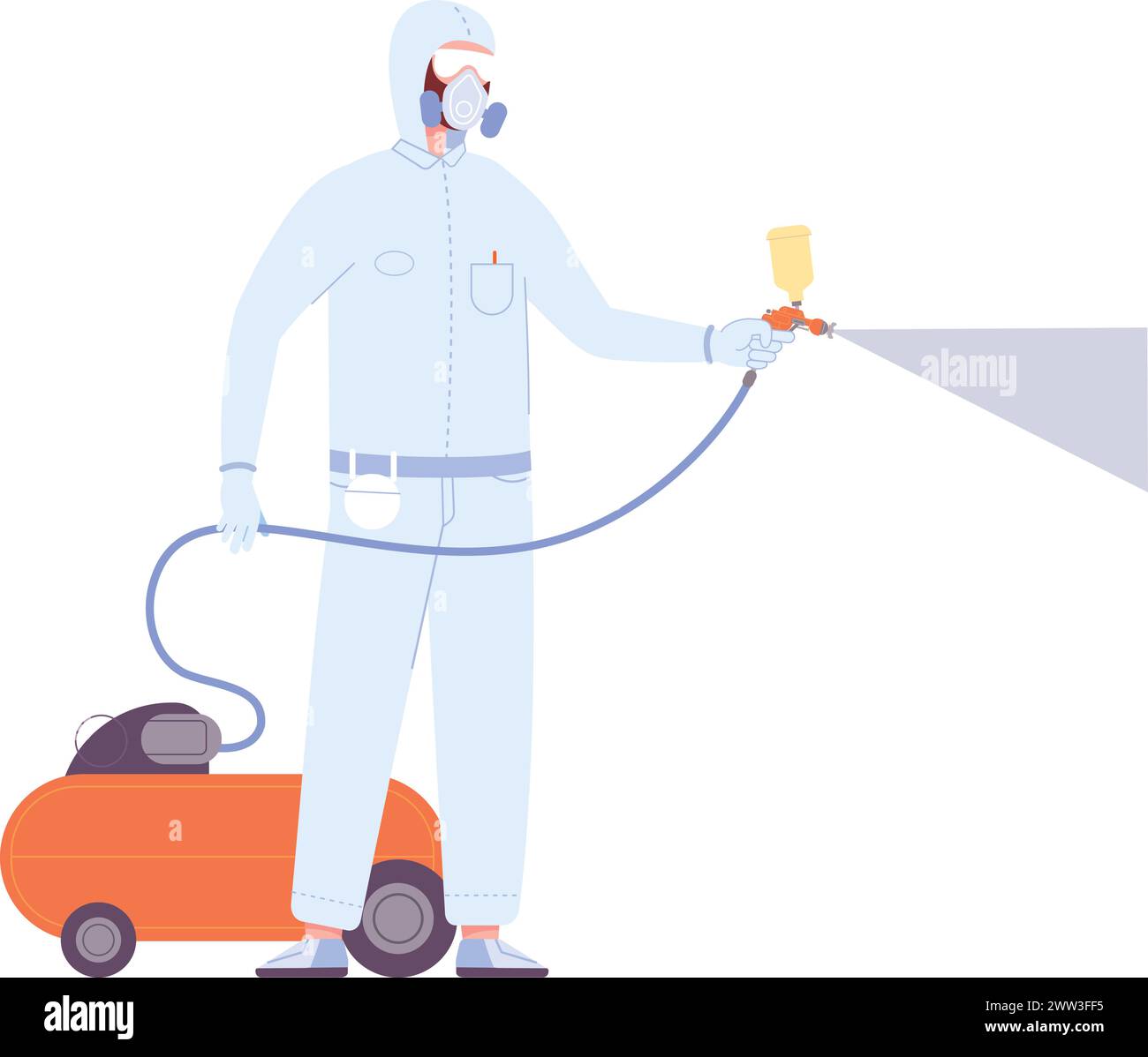 Spruzzo del personale di assistenza per disintossicazione. Lavoro di igienizzazione professionale isolato su sfondo bianco Illustrazione Vettoriale