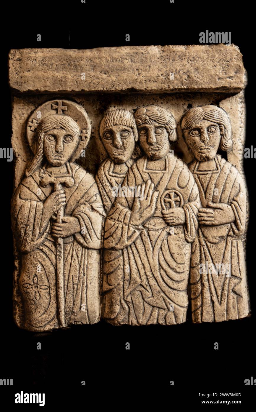 Coro pre-romanico, incontro di Cristo con Marta e Maria, laboratorio di Aquileia, X-XI secolo, Palazzo Patriarcale, Dioezesan Foto Stock