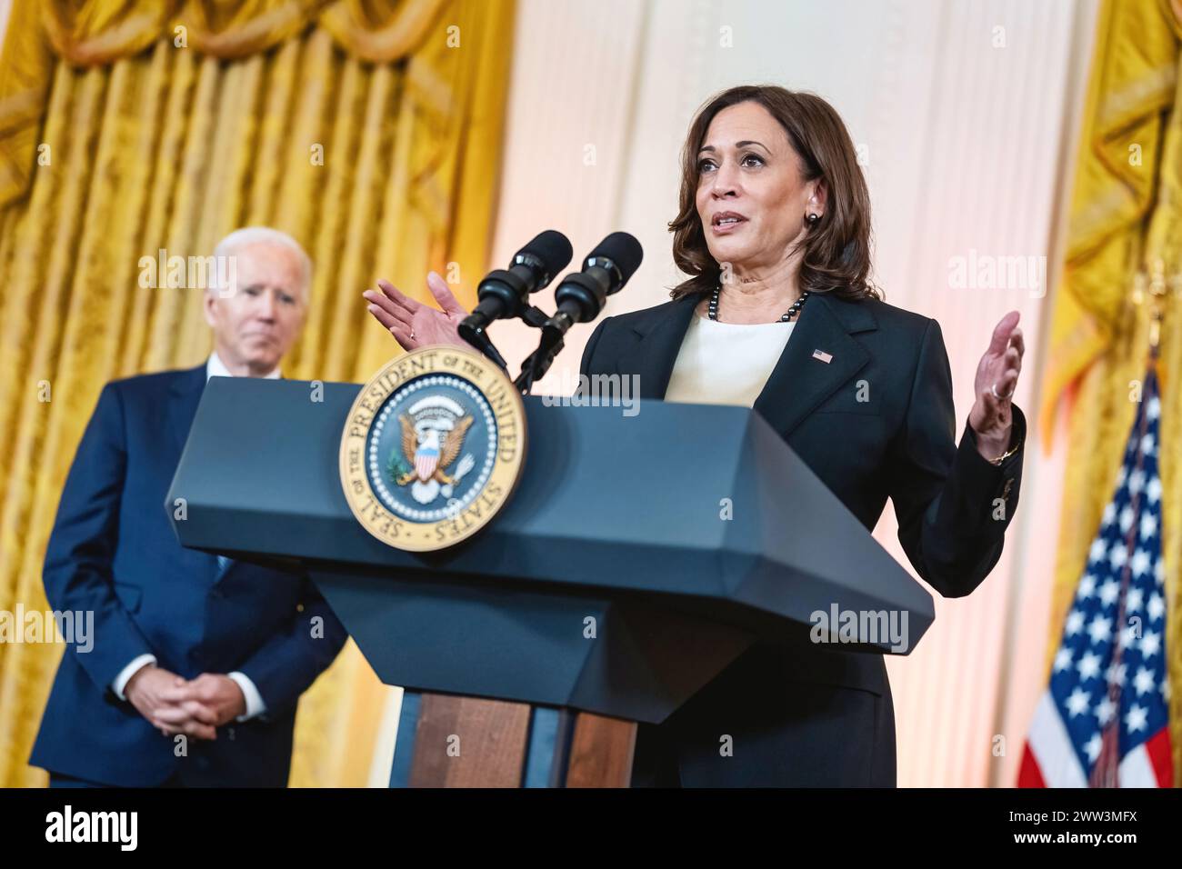 Washington D.C., USA - 24 ottobre 2022: Kamala Harris si rivolge ai media da un podio presidenziale nella East Room della Casa Bianca Foto Stock