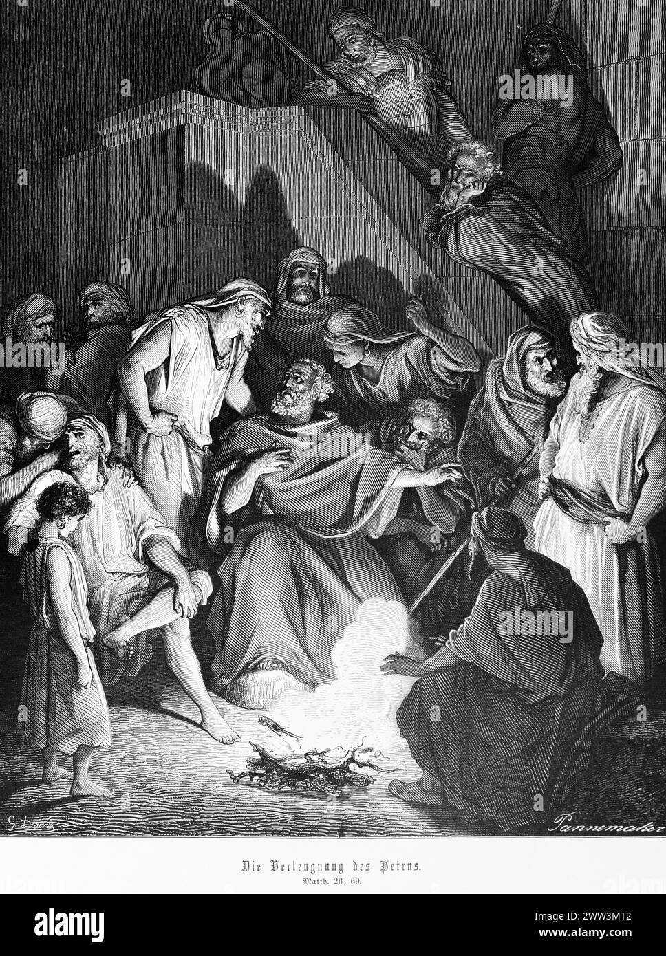 La negazione di Pietro, Vangelo di Matteo, capitolo 26, cortile, fuoco, parlando, molti uomini, nuovo Testamento, Bibbia, illustrazione storica 1886 Foto Stock