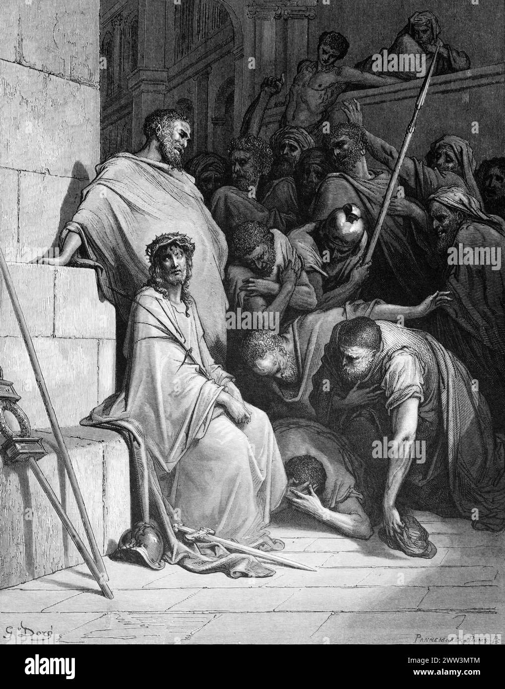 La presa in giro di Gesù, Vangelo di Matteo, capitolo 27, presa in giro, sofferenza, corona di spine, nuovo Testamento, uomini, soli, Bibbia, illustrazione storica Foto Stock