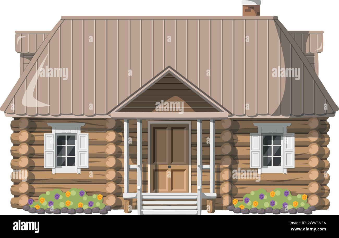 Illustrazione vettoriale di una tradizionale casa russa Dacha in stile cartoni animati isolata su sfondo bianco. Case tradizionali delle World Series Illustrazione Vettoriale