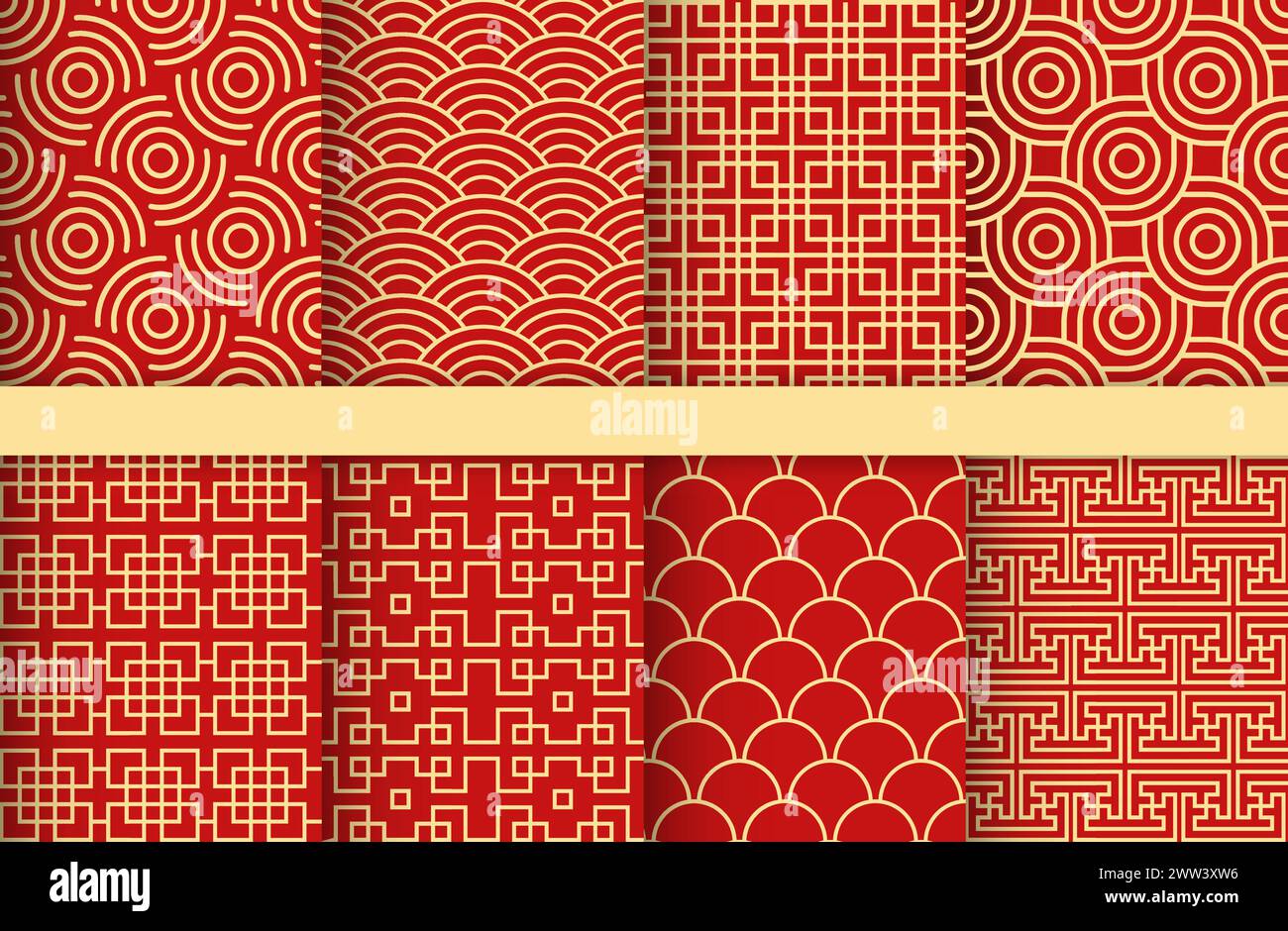 Set di motivi cinesi senza cuciture, sfondo ornamentale cinese, design tradizionale asiatico, vettore Illustrazione Vettoriale