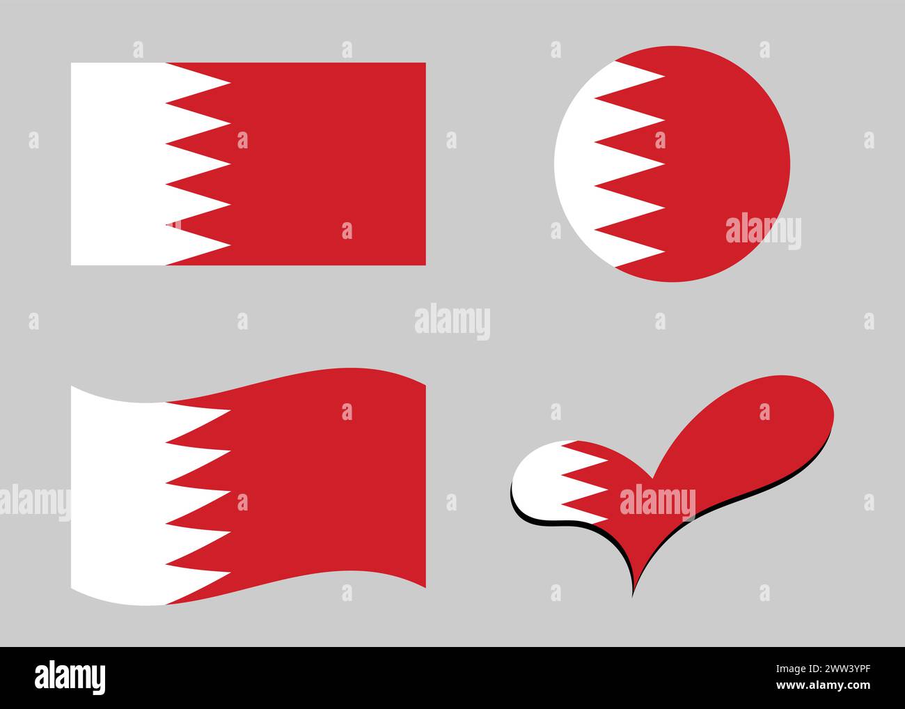 Bandiera del Bahrein. Bandiera del Bahrein a forma di cuore. Bandiera del Bahrain a forma di cerchio. Variazioni della bandiera del paese. Illustrazione Vettoriale