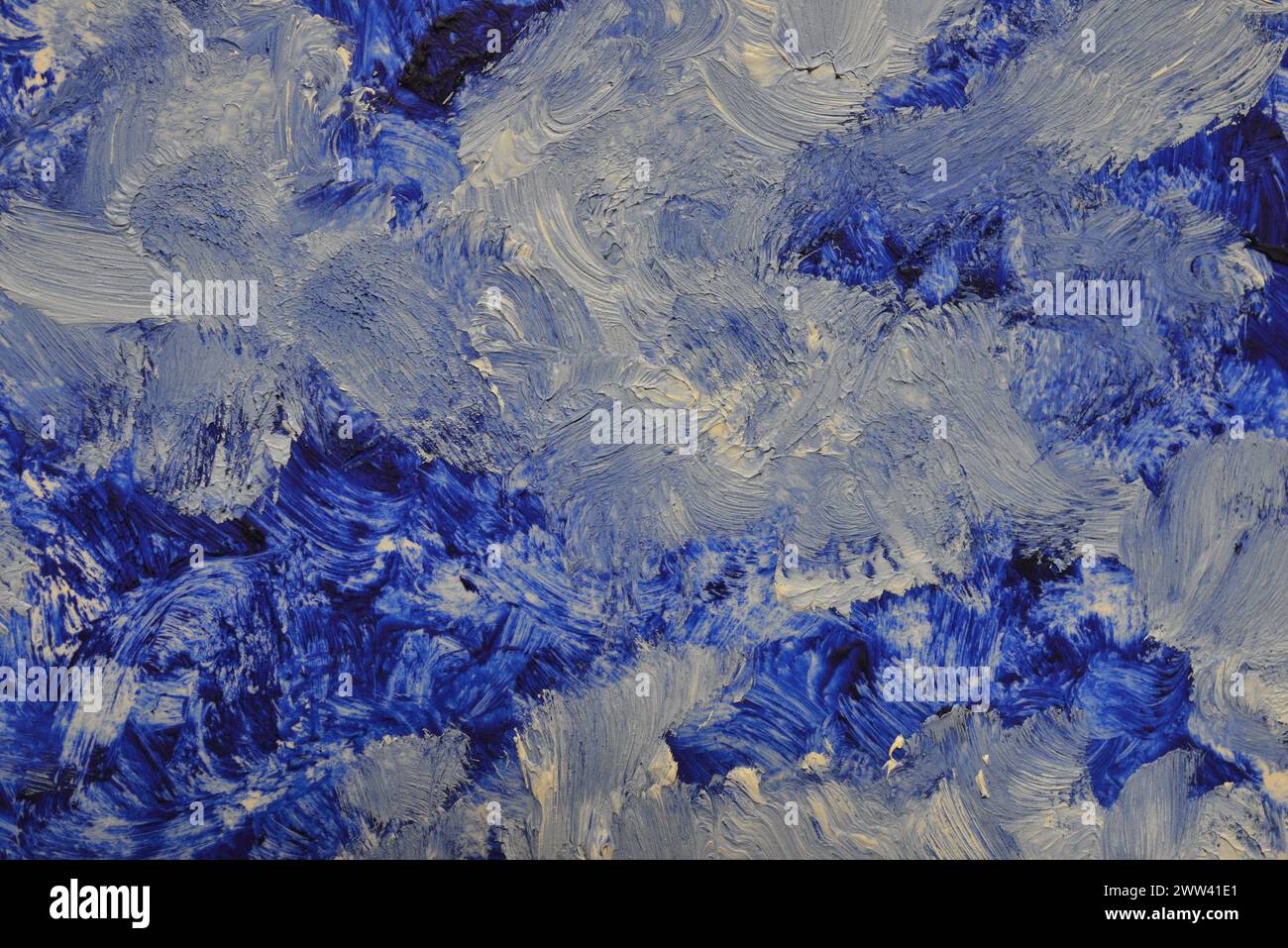 Texture colorata, pittura a olio astratta creativa su tela. Tratti di pennello bianco e blu. Foto Stock