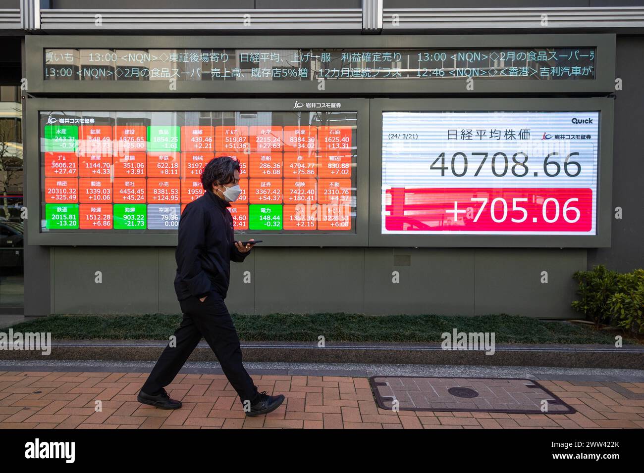 Tokyo, Giappone. 21 marzo 2024. I membri del pubblico passeranno davanti all'esposizione che mostra la media delle azioni Nikkei nel quartiere finanziario di Tokyo. Crediti: Marcin Nowak/Alamy Live News Foto Stock