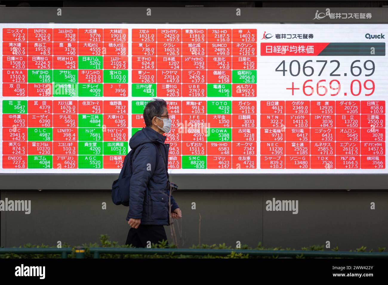 Tokyo, Giappone. 21 marzo 2024. I membri del pubblico passeranno davanti all'esposizione che mostra la media delle azioni Nikkei nel quartiere finanziario di Tokyo. Crediti: Marcin Nowak/Alamy Live News Foto Stock