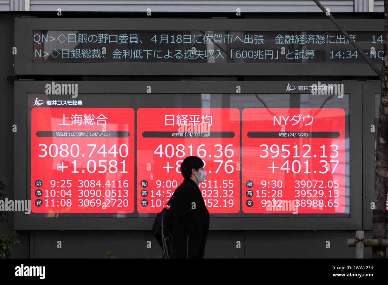 Tokyo, Giappone. 21 marzo 2024. I membri del pubblico passeranno davanti all'esposizione che mostra la media delle azioni Nikkei nel quartiere finanziario di Tokyo. Crediti: Marcin Nowak/Alamy Live News Foto Stock