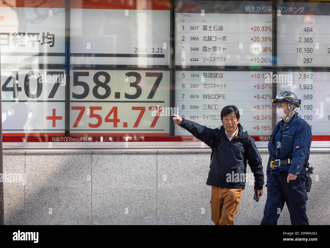 Tokyo, Giappone. 21 marzo 2024. I membri del pubblico passeranno davanti all'esposizione che mostra la media delle azioni Nikkei nel quartiere finanziario di Tokyo. Crediti: Marcin Nowak/Alamy Live News Foto Stock