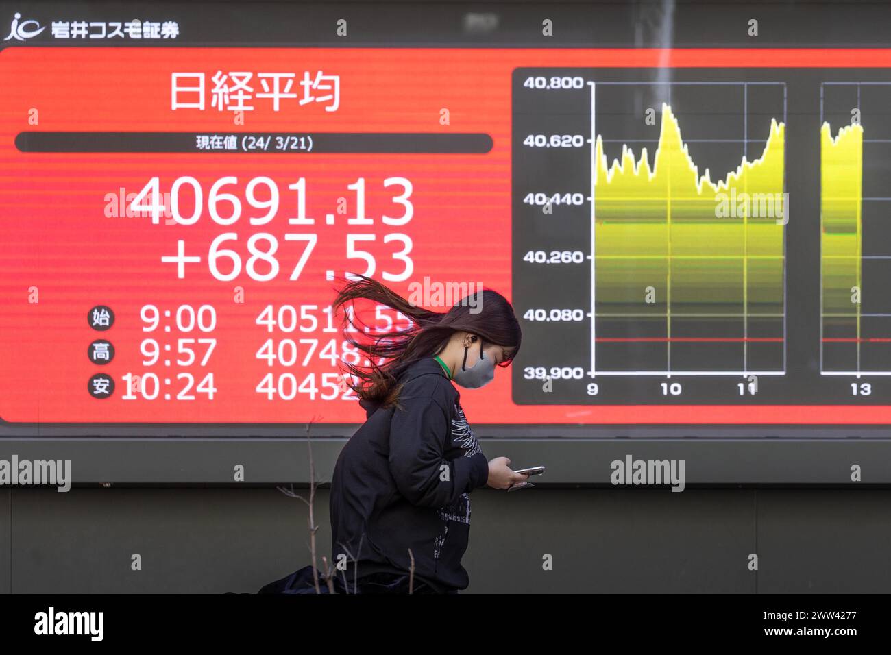 Tokyo, Giappone. 21 marzo 2024. I membri del pubblico passeranno davanti all'esposizione che mostra la media delle azioni Nikkei nel quartiere finanziario di Tokyo. Crediti: Marcin Nowak/Alamy Live News Foto Stock