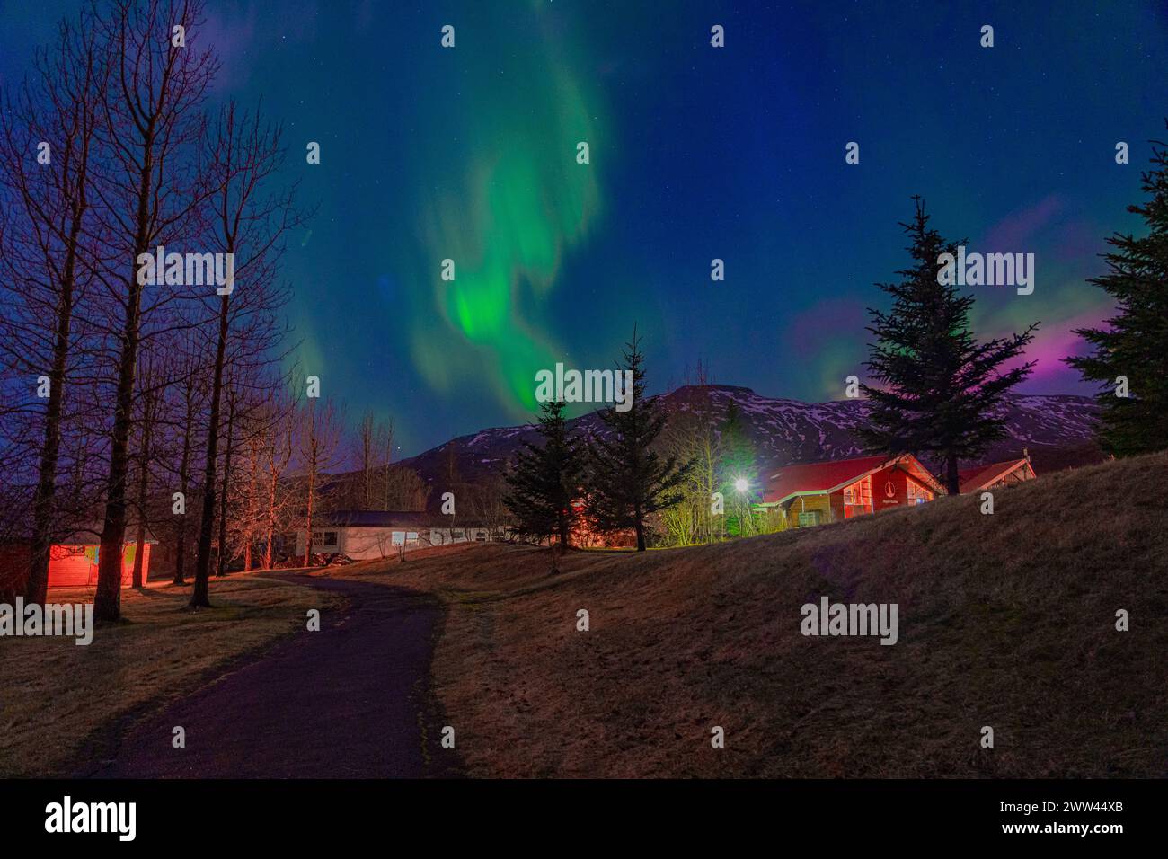 L'aurora boreale illumina il cielo con un sentiero sotto di esso Foto Stock