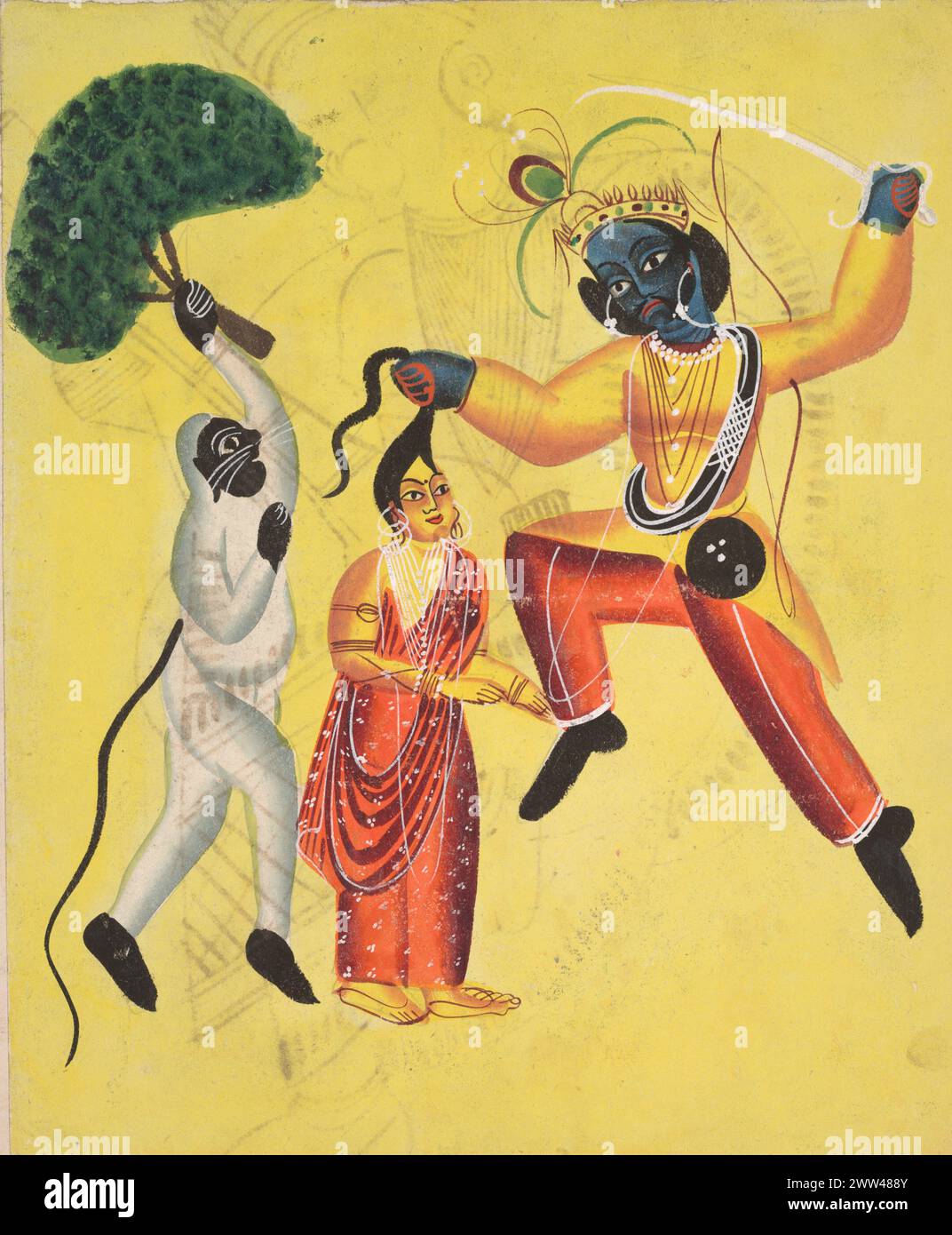 Arte indù vintage Rama e Hanuman, tenendo un albero sradicato, salvano Sita (recto), da un album dei Kalighat, c. 1890. India orientale, Bengala, Kolkata, Kalighat. Foto Stock
