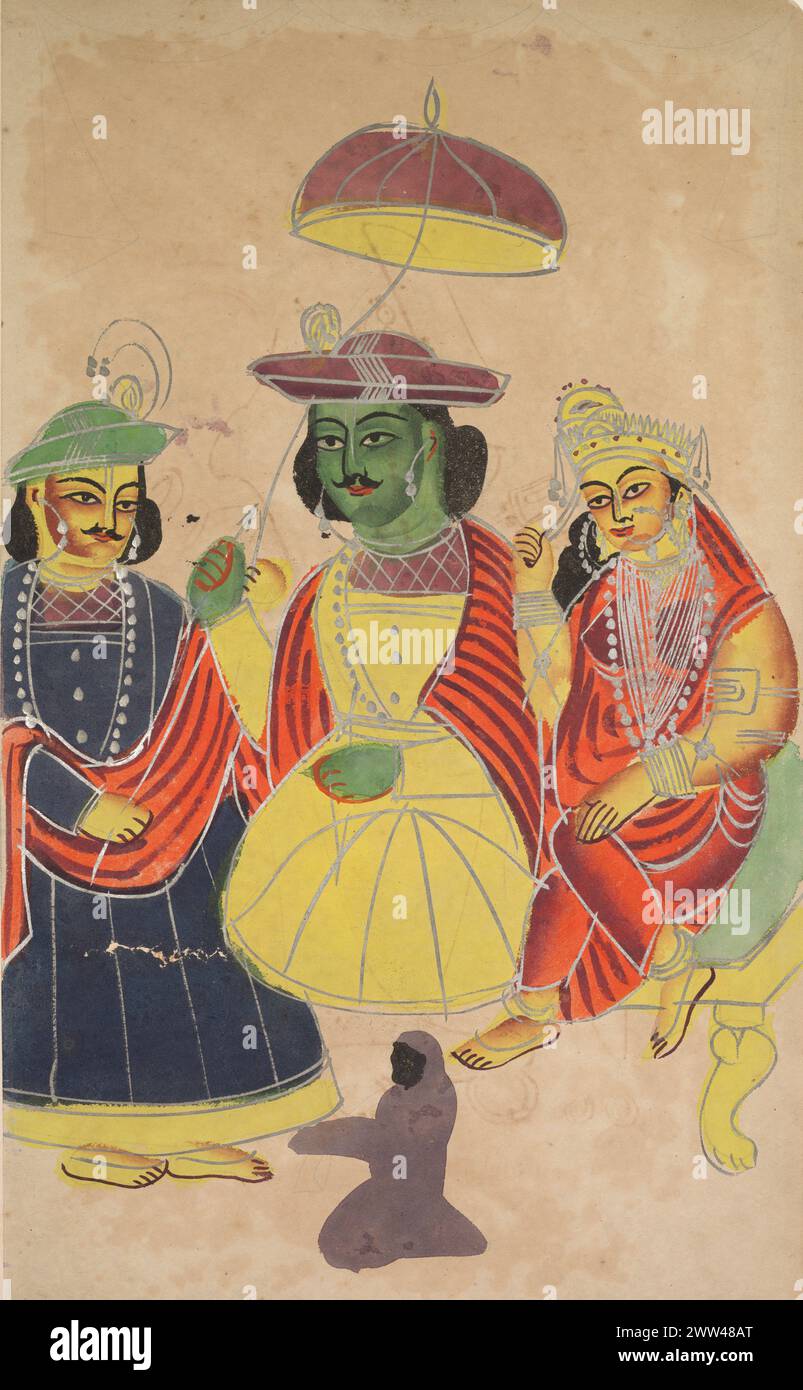 Arte indù vintage Rama e Sita entrarono in trono con Lakshmana e Hanuman presenti, da un album di Kalighat, c. 1890. India orientale, Bengala, Kolkata, Kalighat. Foto Stock