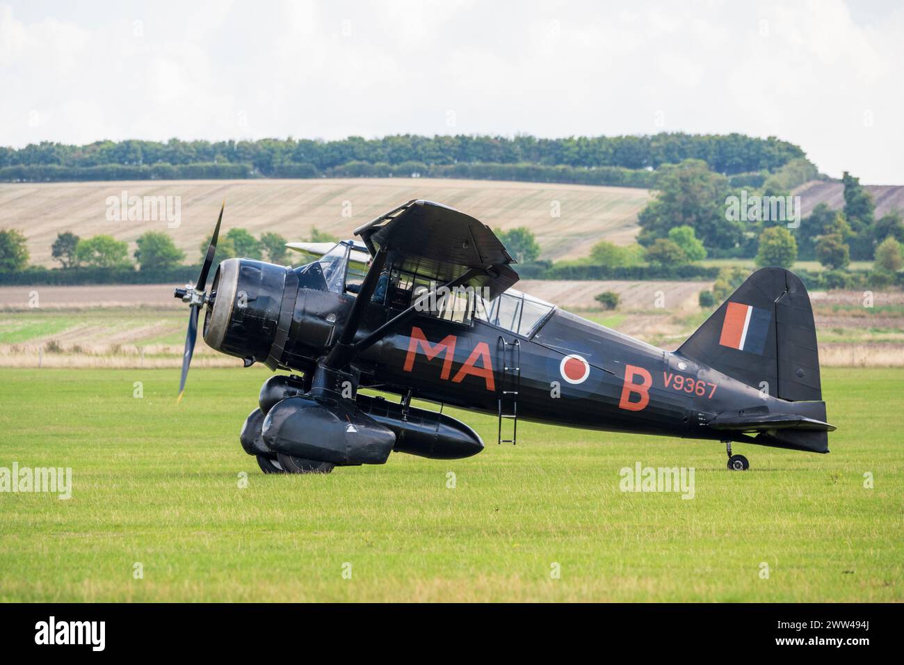 Westland Lysander Mk III V9367 (G-AZWT) rullò al Duxford Battle of Britain Air Show 2022, Duxford Airfield, Cambridgeshire, Inghilterra, Regno Unito Foto Stock