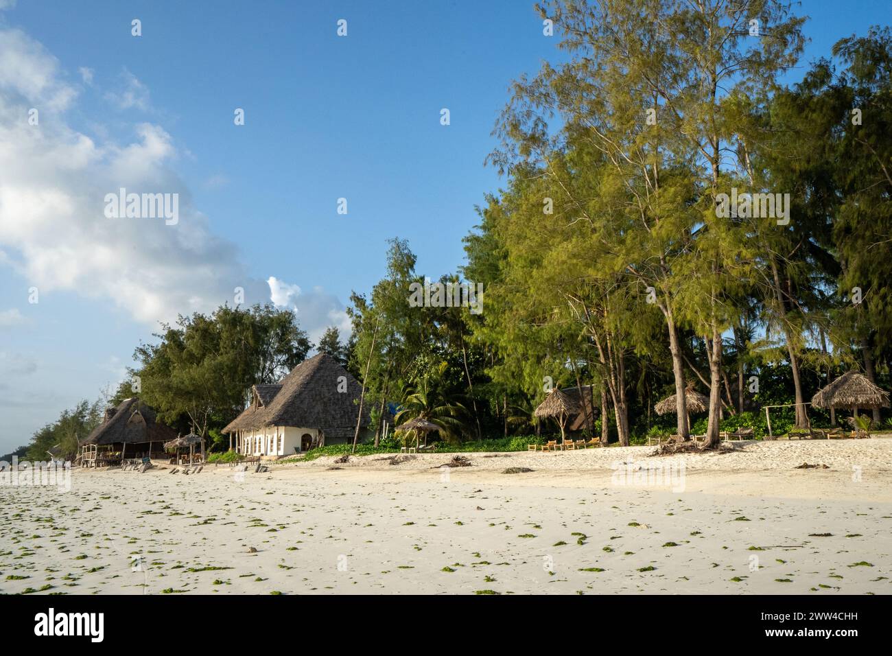 Resort Hotel, Bungalows sulla spiaggia sulla costa orientale di Zanzibar Foto Stock
