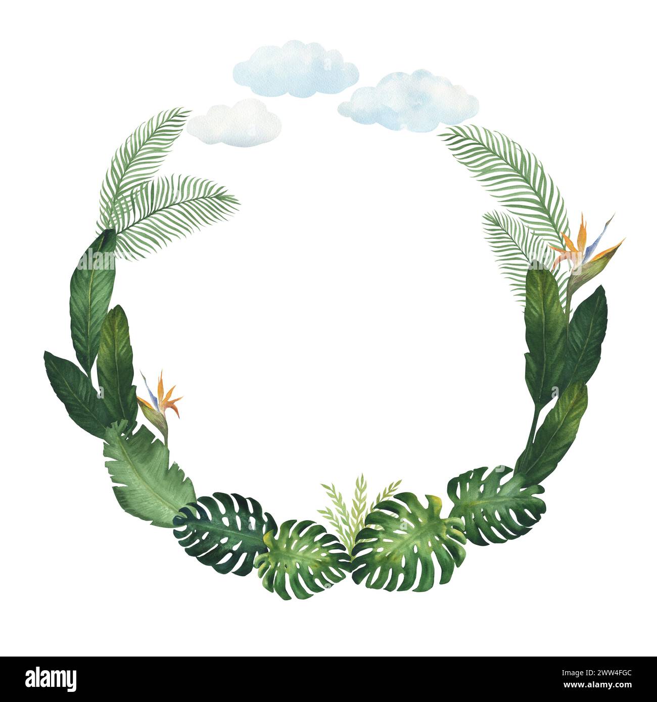 Cornice circolare ad acquerello con illustrazione di foglie tropicali, monstera, palme, isolate. Per l'arredamento della stanza dei bambini, carta da parati, tessuto Foto Stock