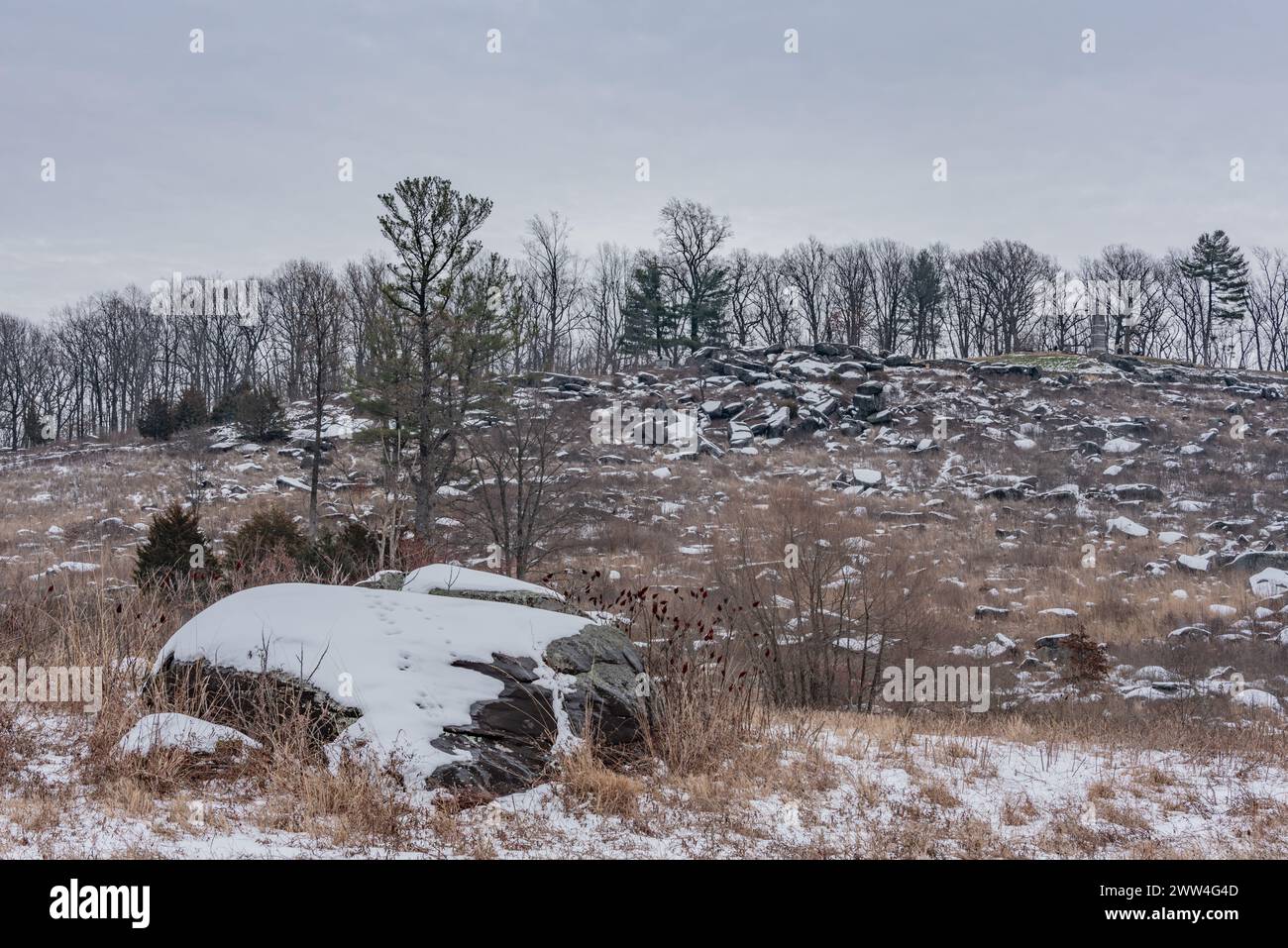 The View of Little Round Top from the Valley of Death in a Snowy Day, Gettysburg, Pennsylvania USA Foto Stock