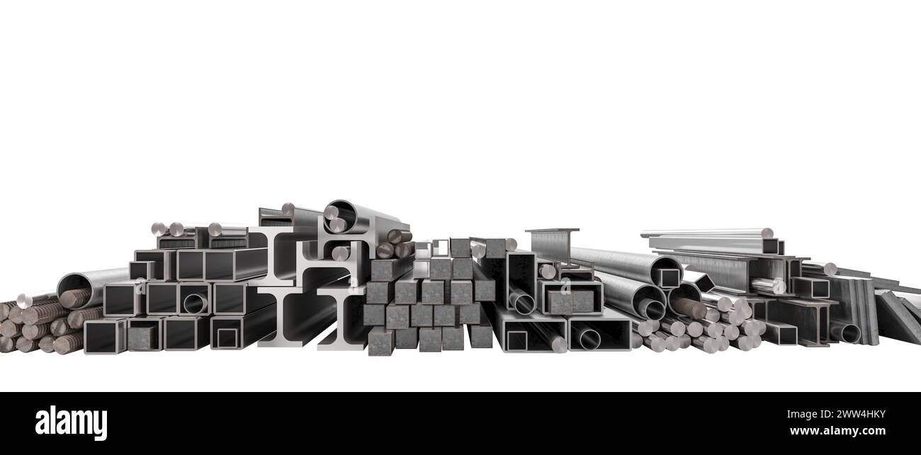 profili metallici di forme e dimensioni diverse. isolato su bianco. rendering 3d. Foto Stock