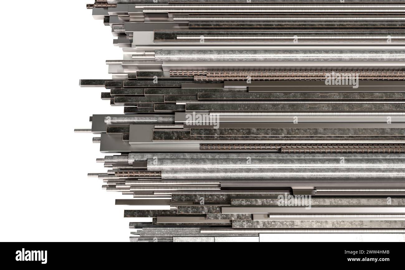 tubo e profilo in metallo isolati su sfondo bianco. rendering 3d. Foto Stock