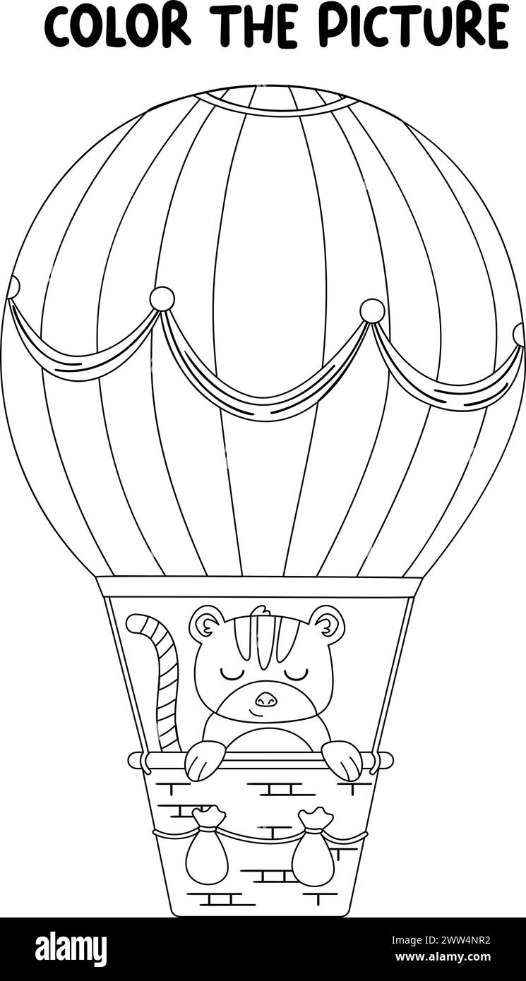 Pagina del libro da colorare per bambini. Tigre su palloncino che gioca su flauto isolato su sfondo bianco. Illustrazione Vettoriale