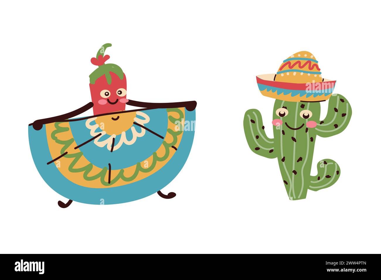 Simpatico e simpatico personaggio, peperoncino che danzava e cactus in cappello. Può essere utilizzato per Cinco de Mayo - 5 maggio, festa federale in Messico. Illustrazione Vettoriale